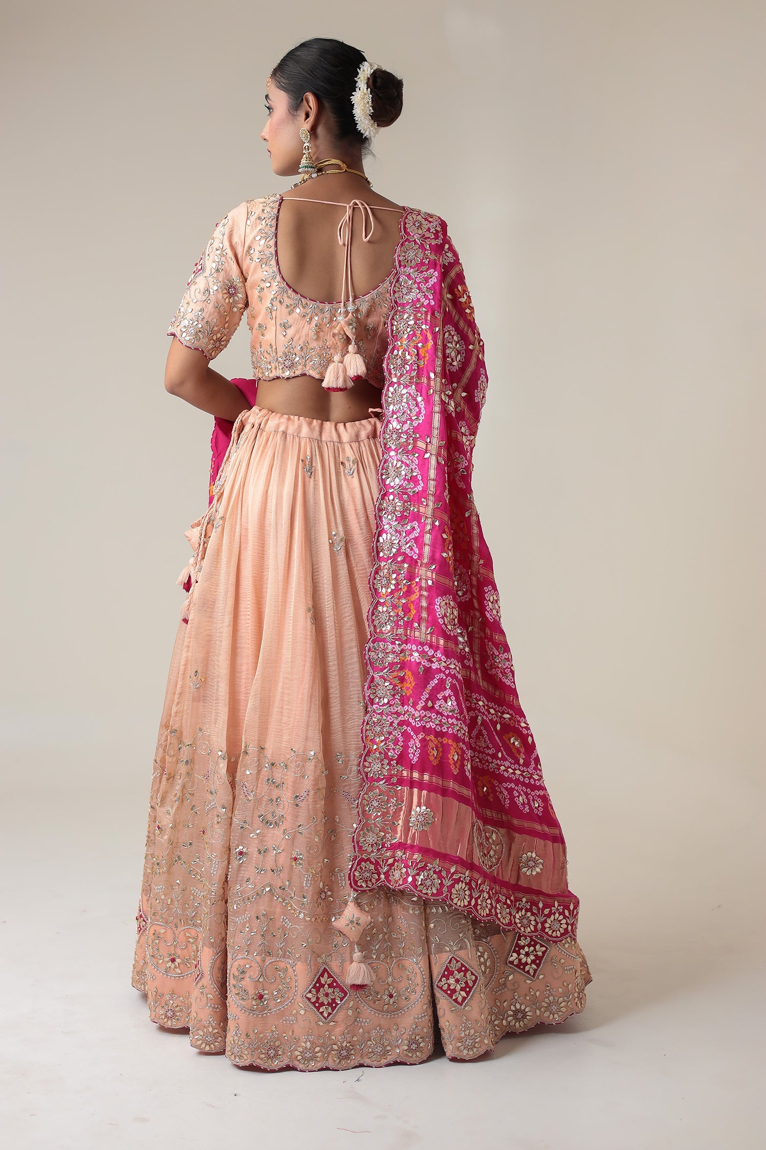 Bandhej Tissue Lehenga Embroidered with Gota Patti work