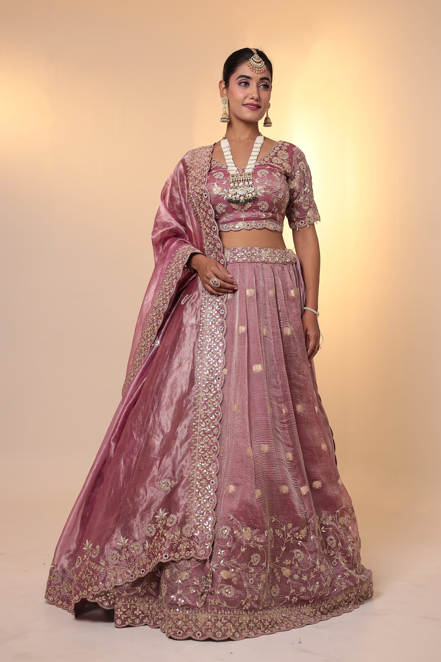 Purple Tissue Lehenga Embellished with Gota Patti, Pearl and Zardozi work