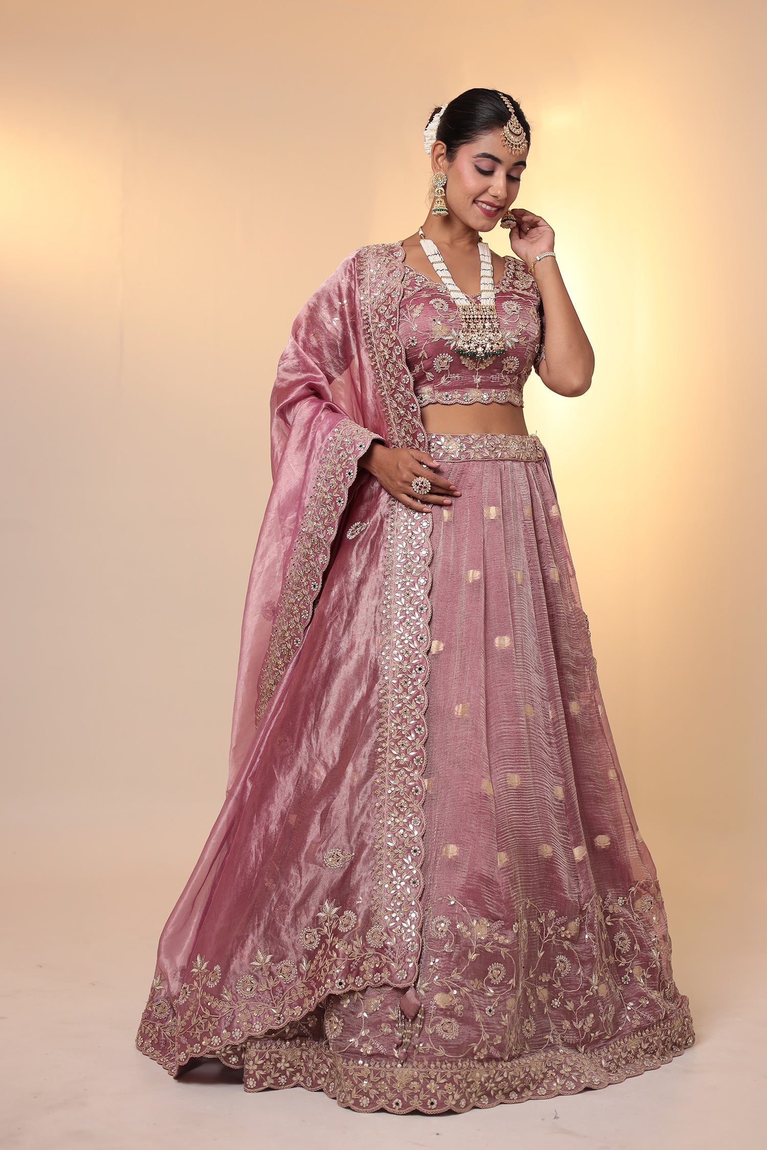 Purple Tissue Lehenga Embellished with Gota Patti, Pearl and Zardozi work