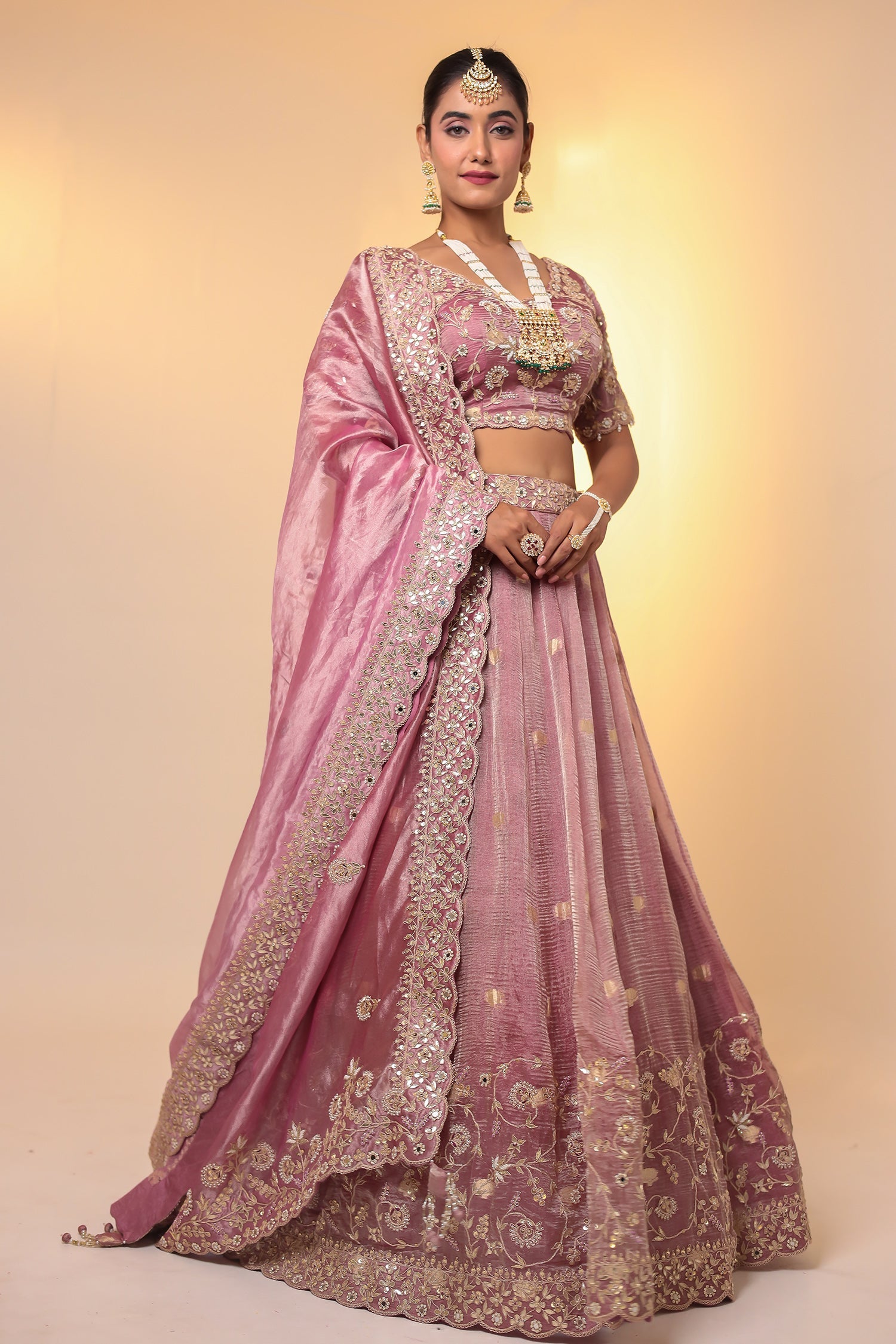 Purple Tissue Lehenga Embellished with Gota Patti, Pearl and Zardozi work