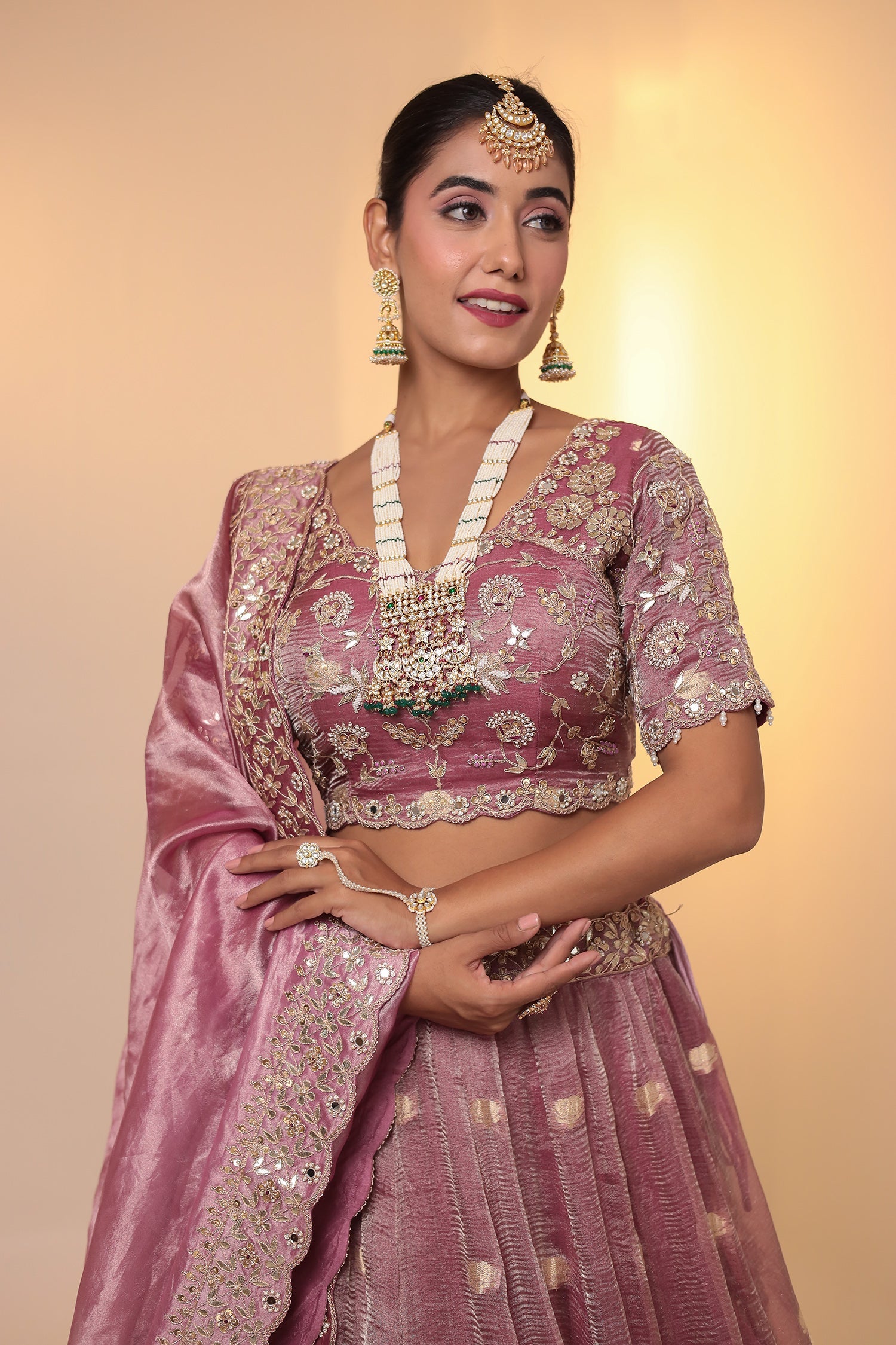 Purple Tissue Lehenga Embellished with Gota Patti, Pearl and Zardozi work
