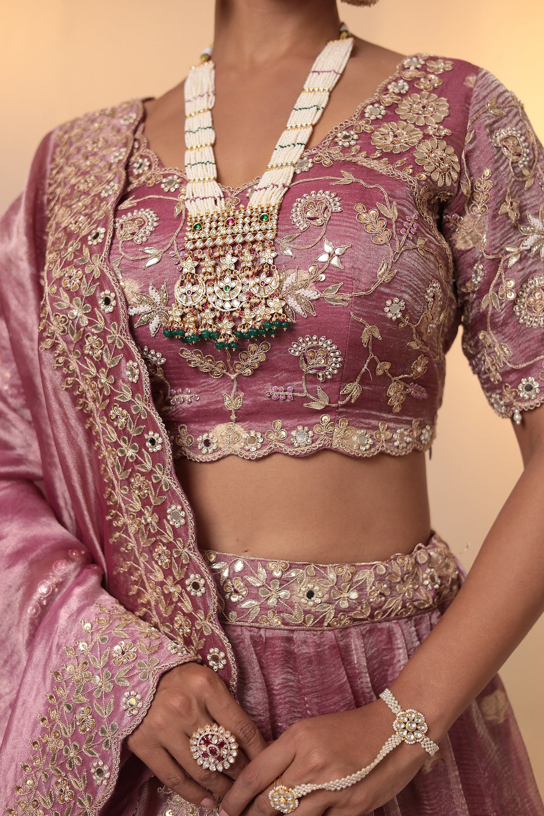 Purple Tissue Lehenga Embellished with Gota Patti, Pearl and Zardozi work