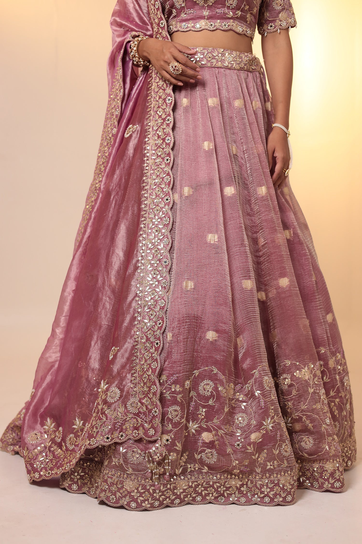 Purple Tissue Lehenga Embellished with Gota Patti, Pearl and Zardozi work