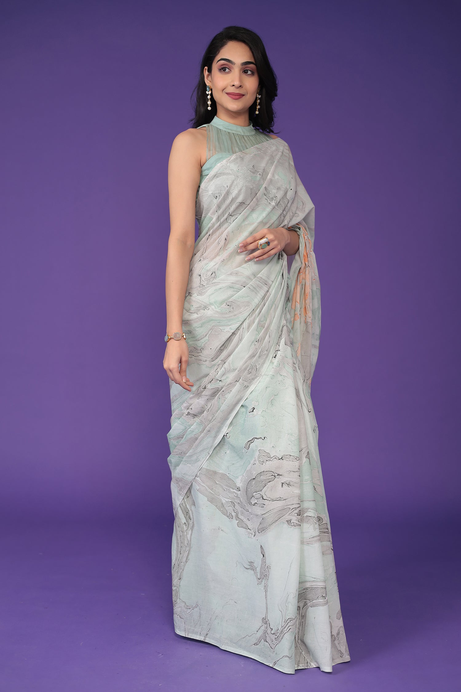 Mulmul Cotton Saree with Marble print