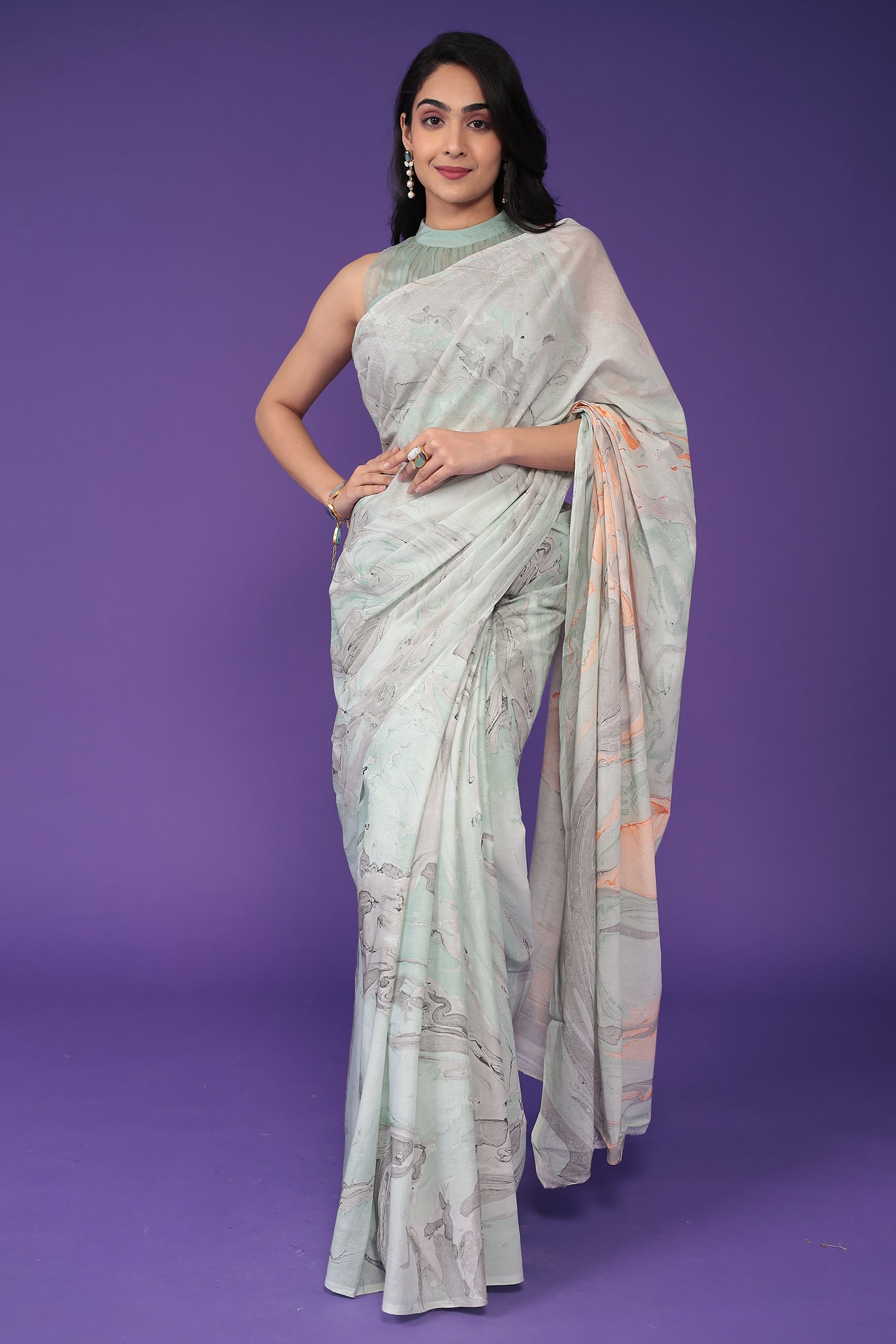 Mulmul Cotton Saree with Marble print