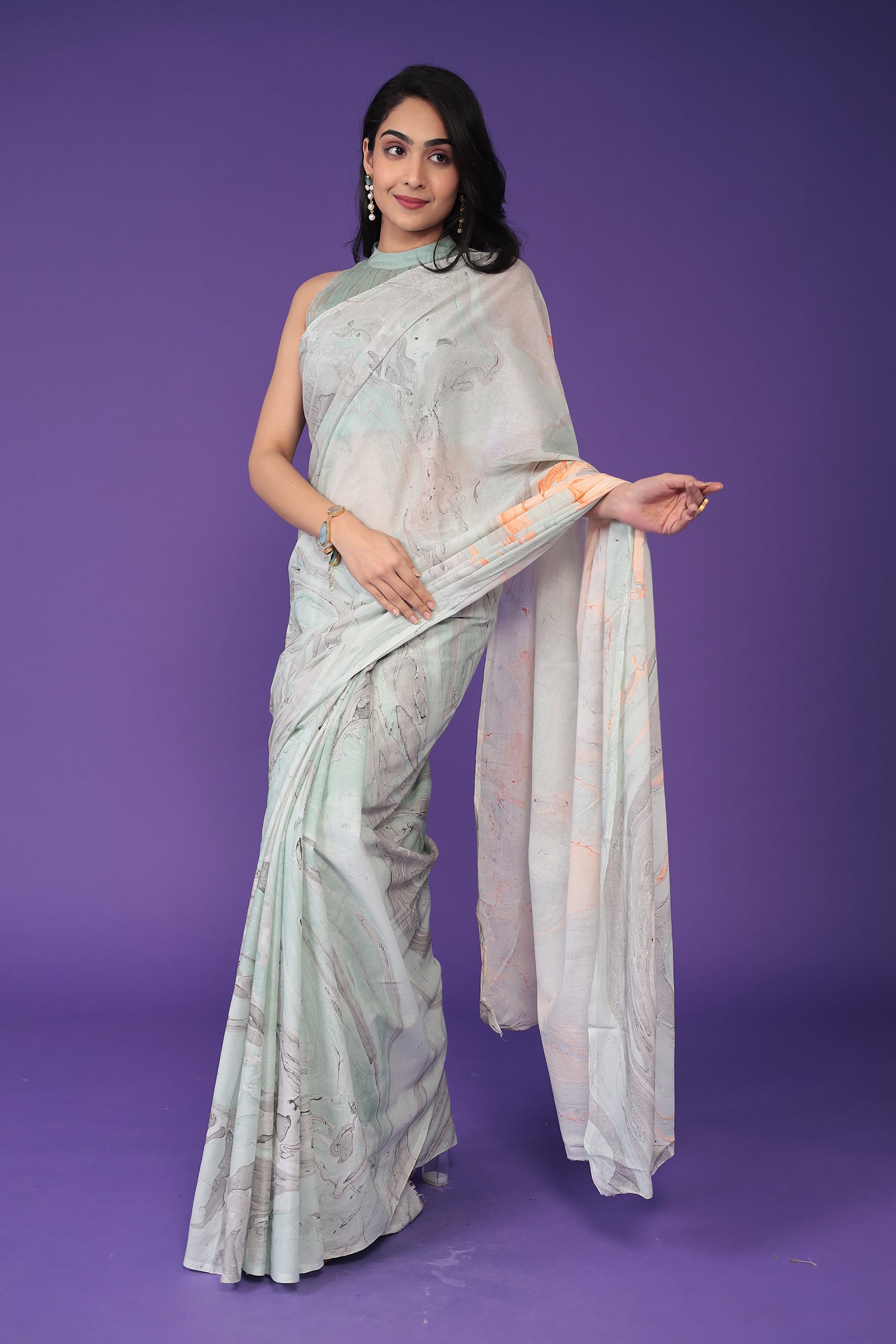 Mulmul Cotton Saree with Marble print