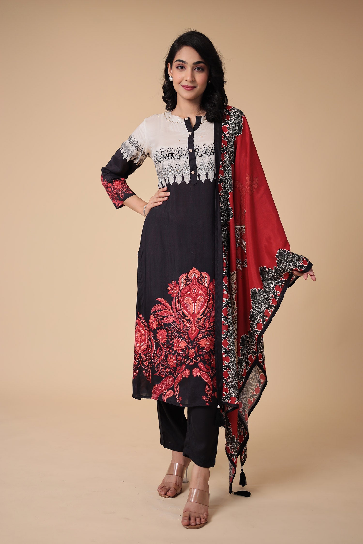 Printed Silk Blend Kurta Set Stitched