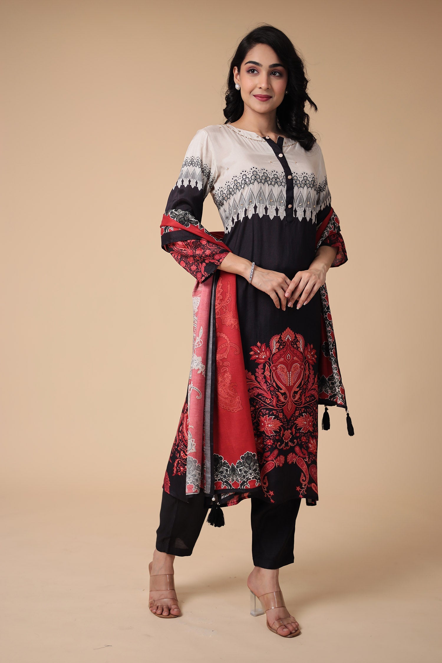 Printed Silk Blend Kurta Set Stitched