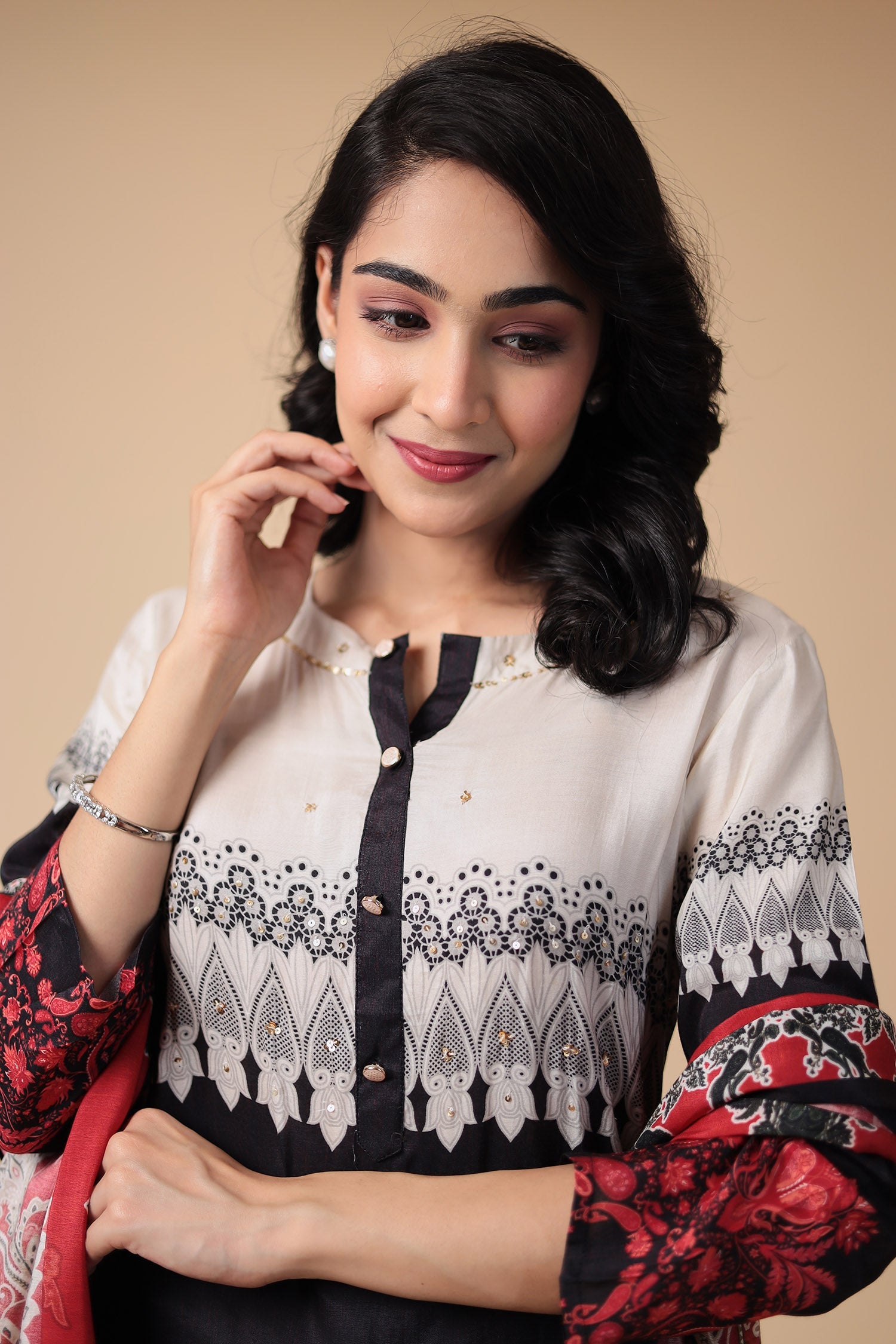Printed Silk Blend Kurta Set Stitched