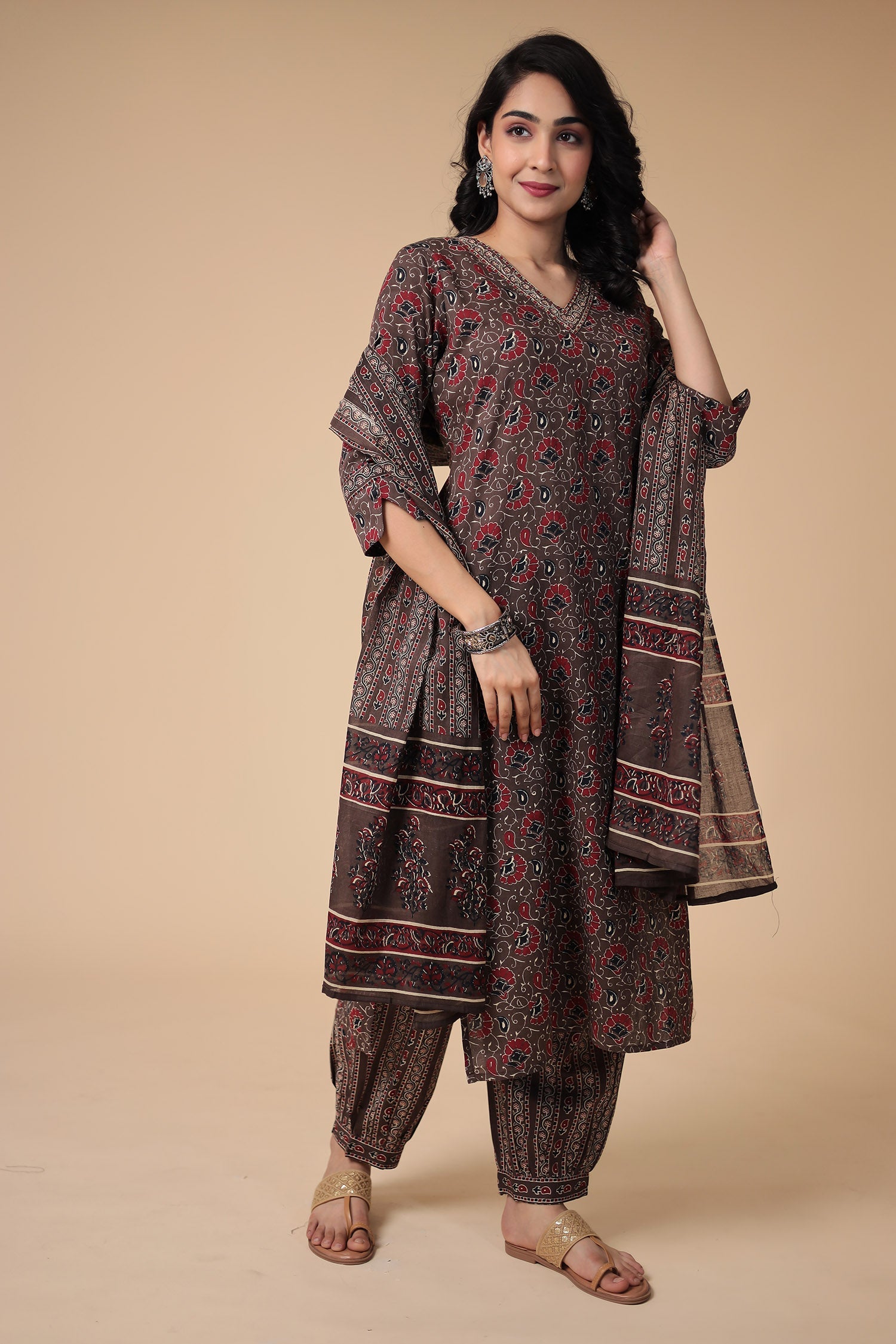 Printed Cotton Kurta Set Stitched with Embroidered work