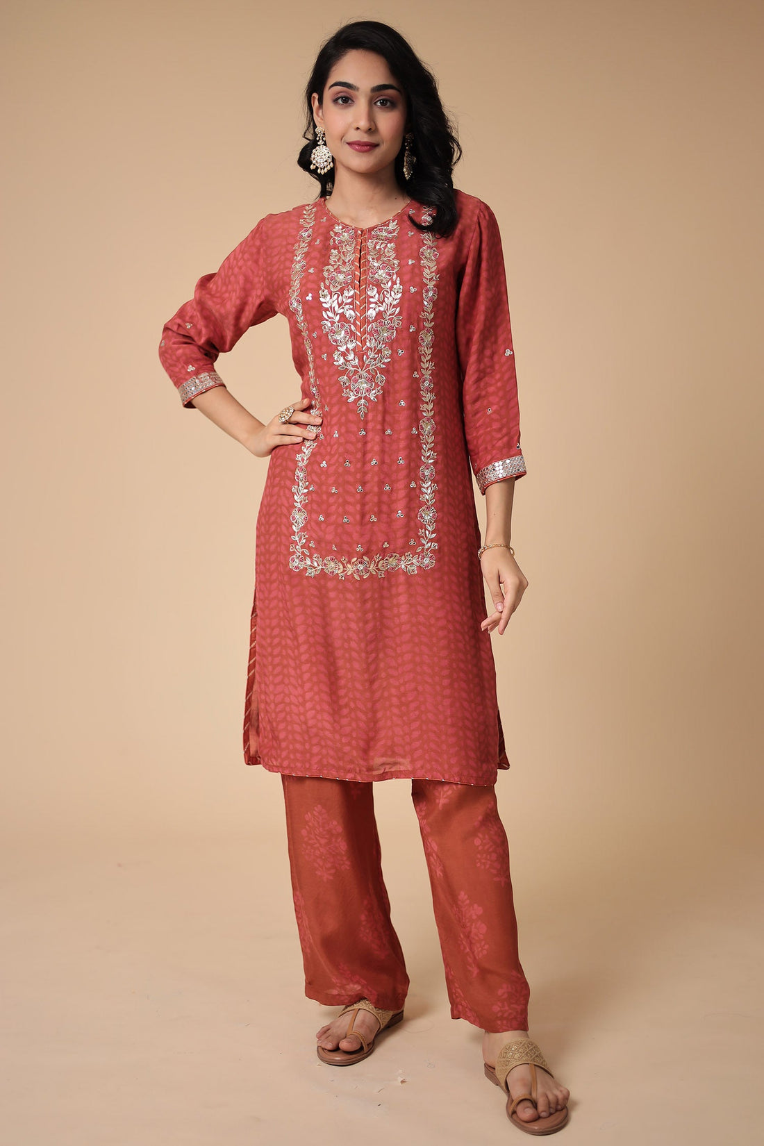 Printed Silk Blend Suit Embroidered with Gota Patti work