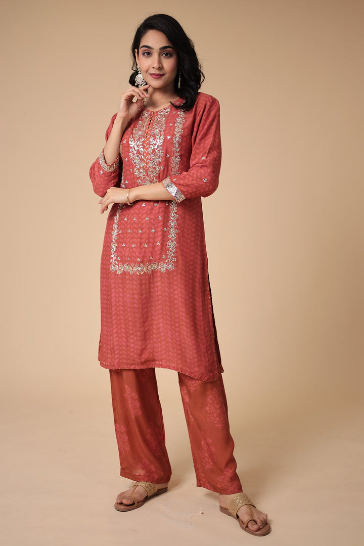 Printed Silk Blend Suit Embroidered with Gota Patti work