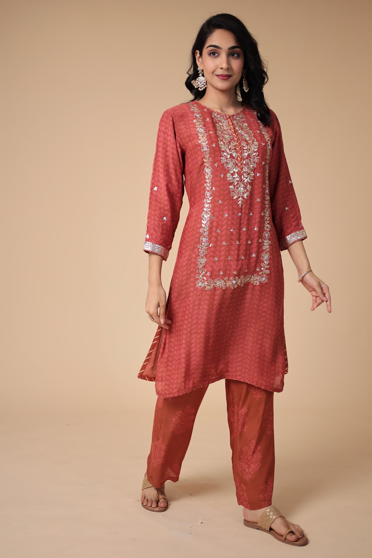 Printed Silk Blend Suit Embroidered with Gota Patti work