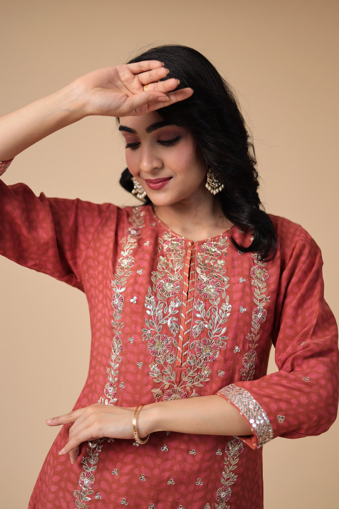 Printed Silk Blend Suit Embroidered with Gota Patti work