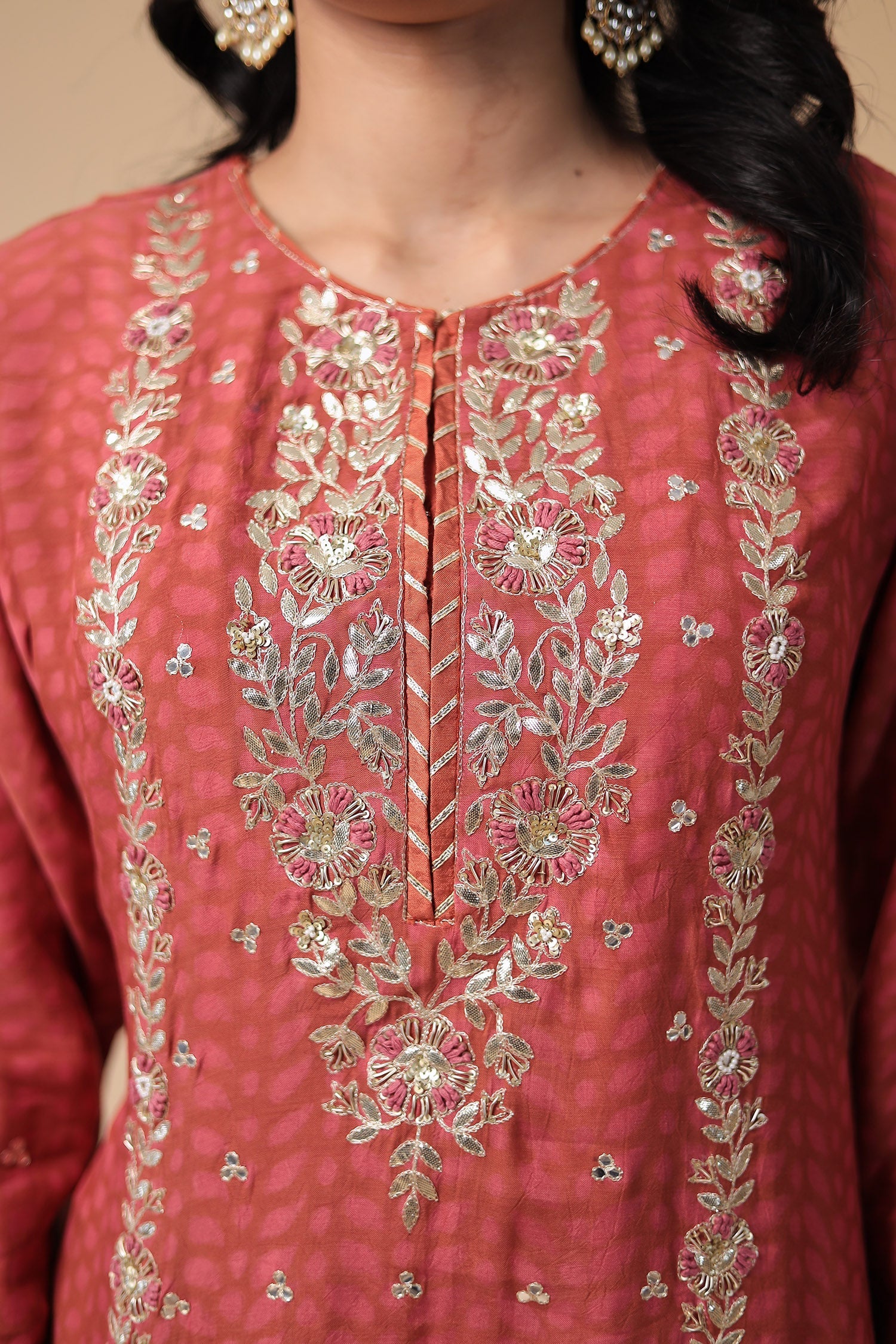 Printed Silk Blend Suit Embroidered with Gota Patti work