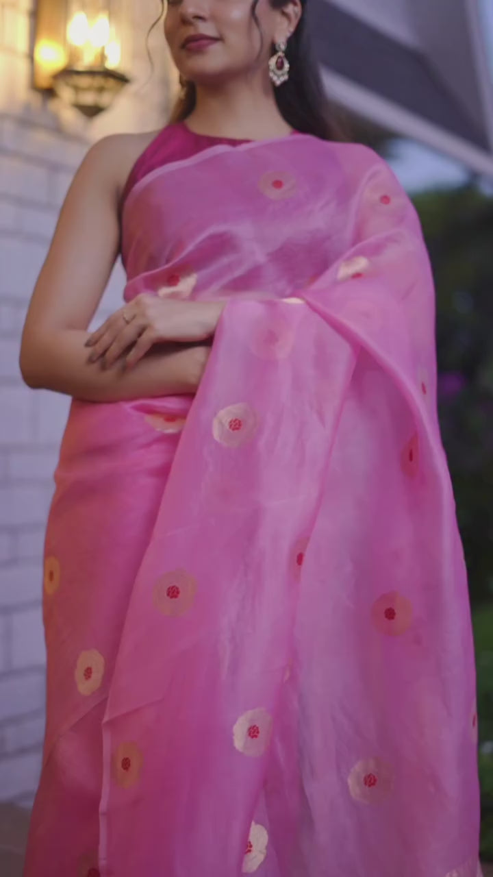 Pure Kora Silk Saree with Kadhwa & Meenakari Weaving – Pink & Red