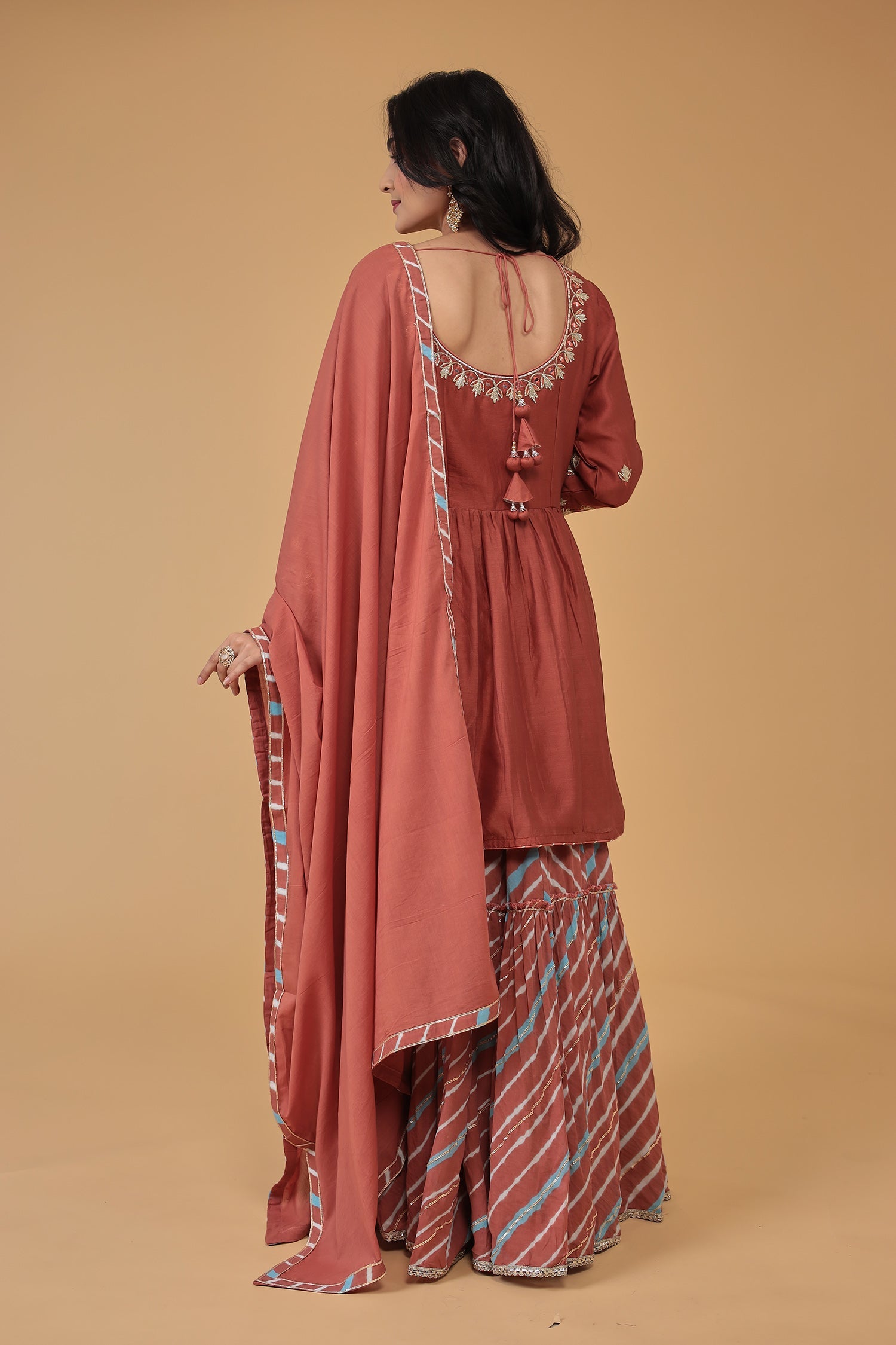 Leheriya Chanderi Peplum Silk Suit Embroidered with Gota work