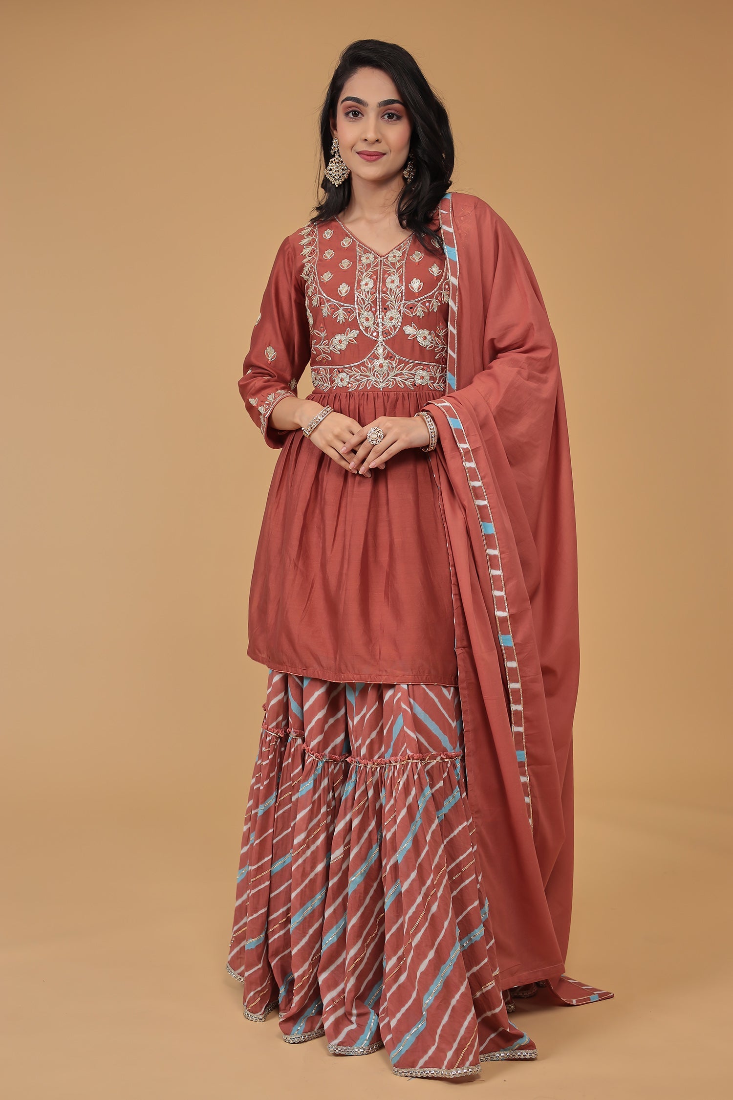 Leheriya Chanderi Peplum Silk Suit Embroidered with Gota work