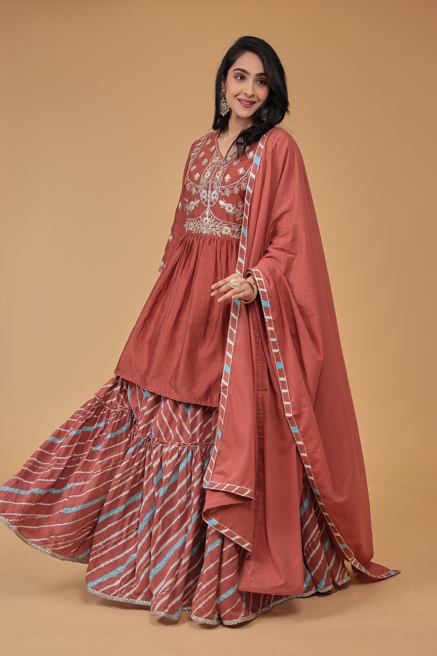 Leheriya Chanderi Peplum Silk Suit Embroidered with Gota work