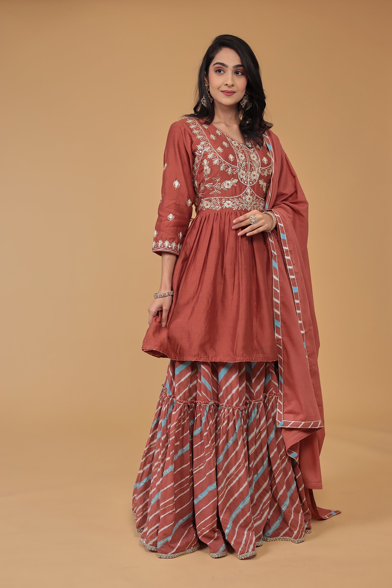 Leheriya Chanderi Peplum Silk Suit Embroidered with Gota work