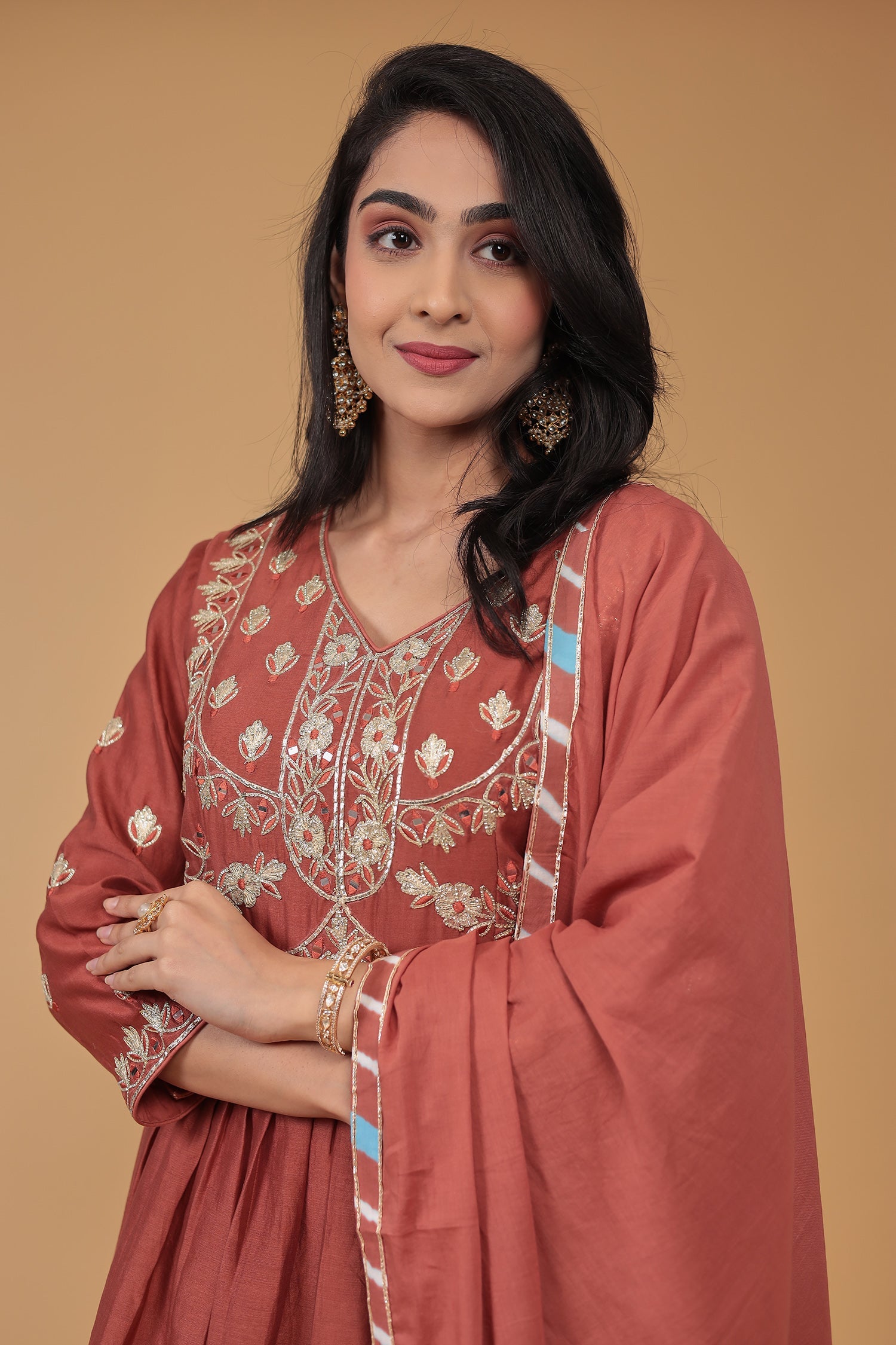 Leheriya Chanderi Peplum Silk Suit Embroidered with Gota work