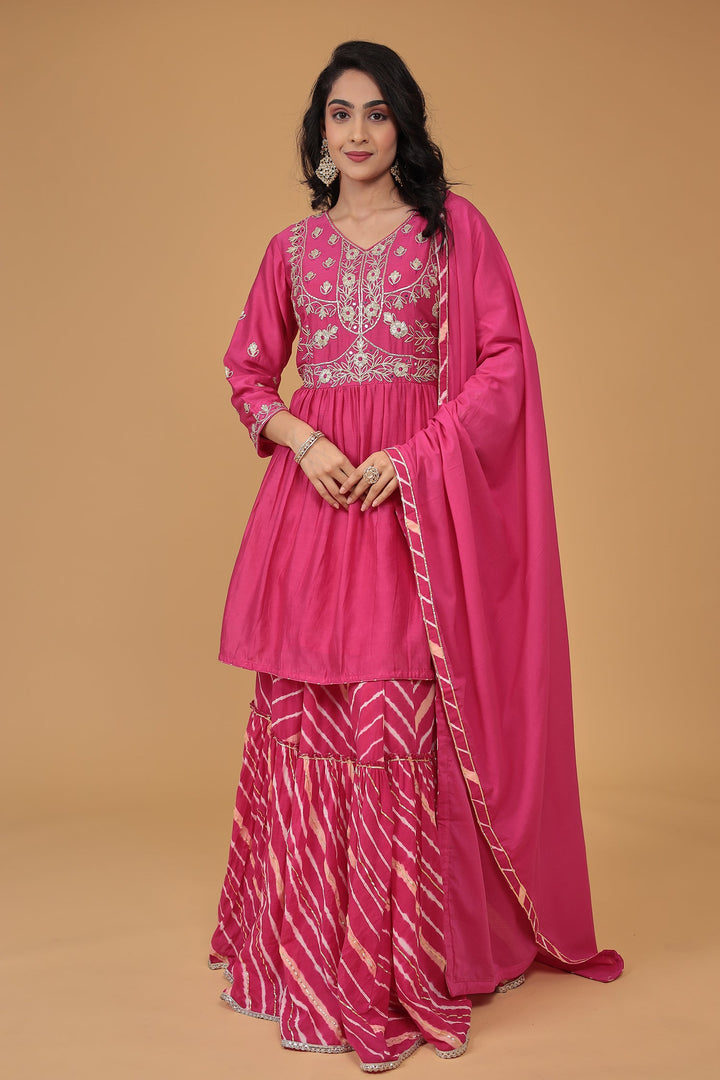 Leheriya Chanderi Peplum Silk Suit Embroidered with Gota work