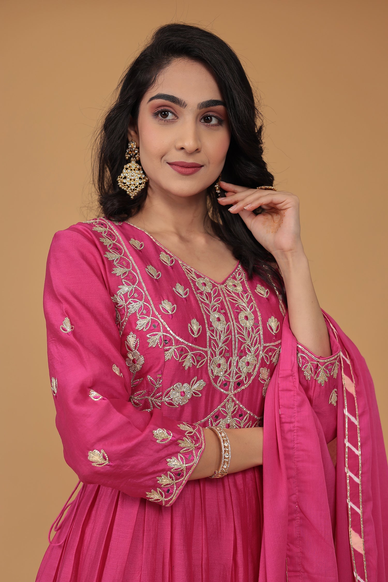 Leheriya Chanderi Peplum Silk Suit Embroidered with Gota work