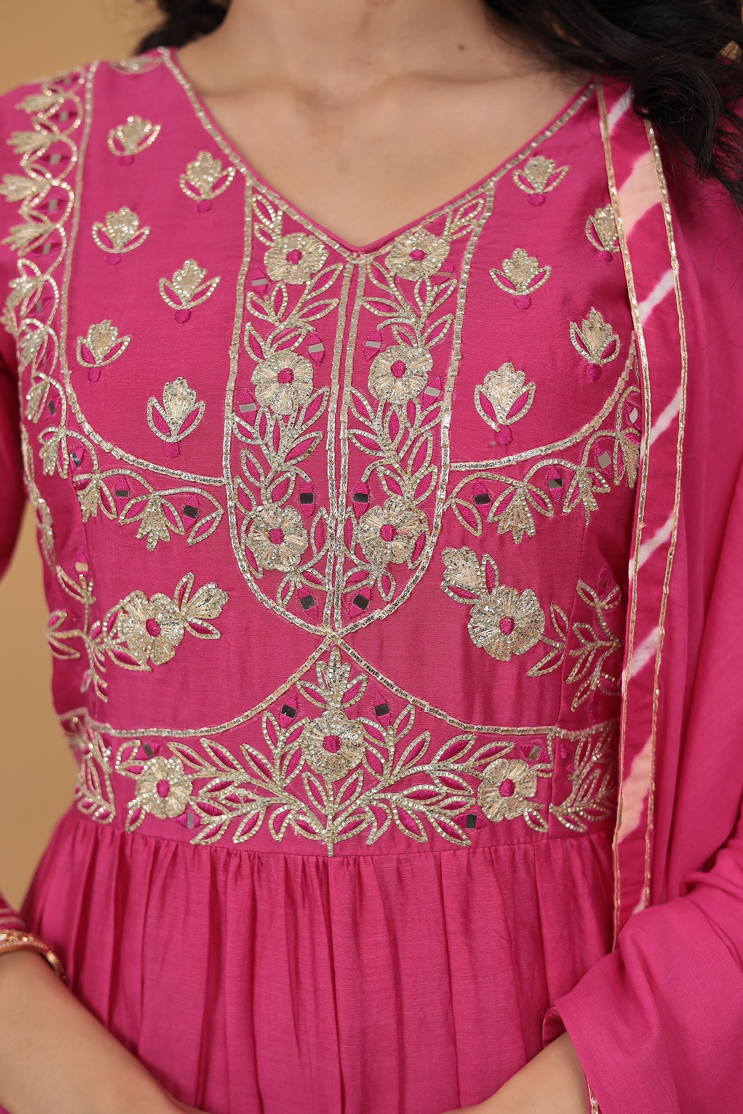 Leheriya Chanderi Peplum Silk Suit Embroidered with Gota work