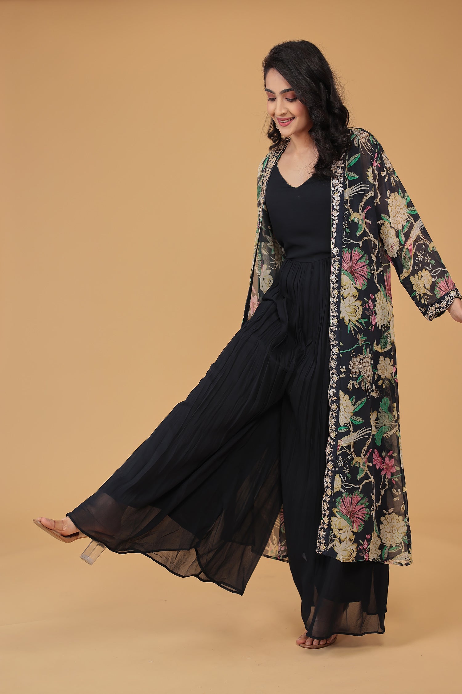 Floral Print Georgette Indowestern with Embroidered work