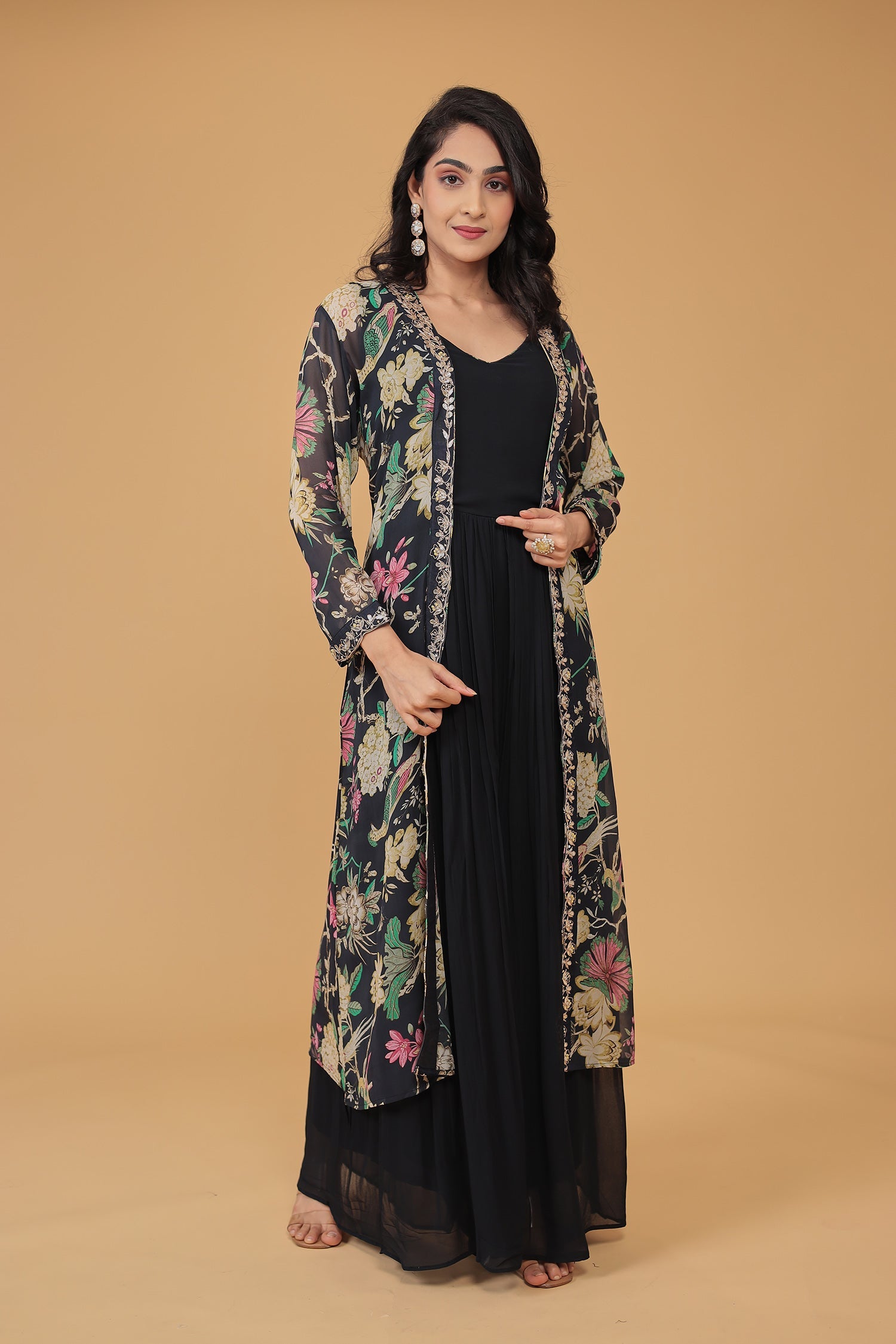 Floral Print Georgette Indowestern with Embroidered work