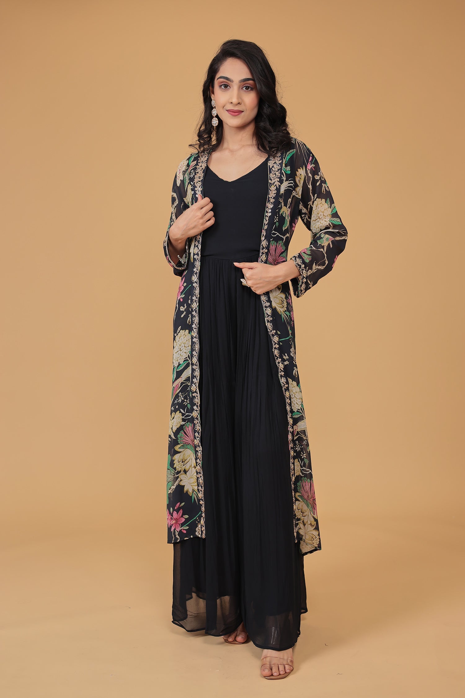 Floral Print Georgette Indowestern with Embroidered work