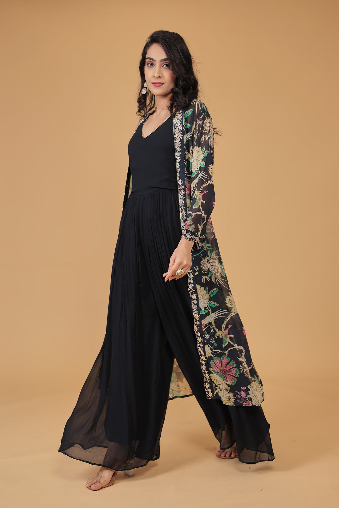 Floral Print Georgette Indowestern with Embroidered work