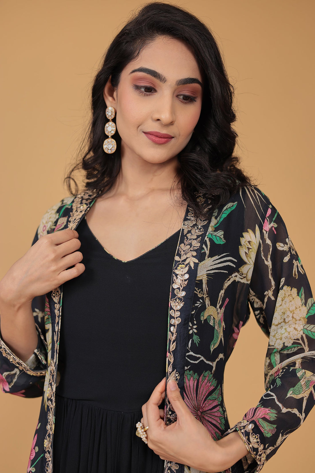 Floral Print Georgette Indowestern with Embroidered work