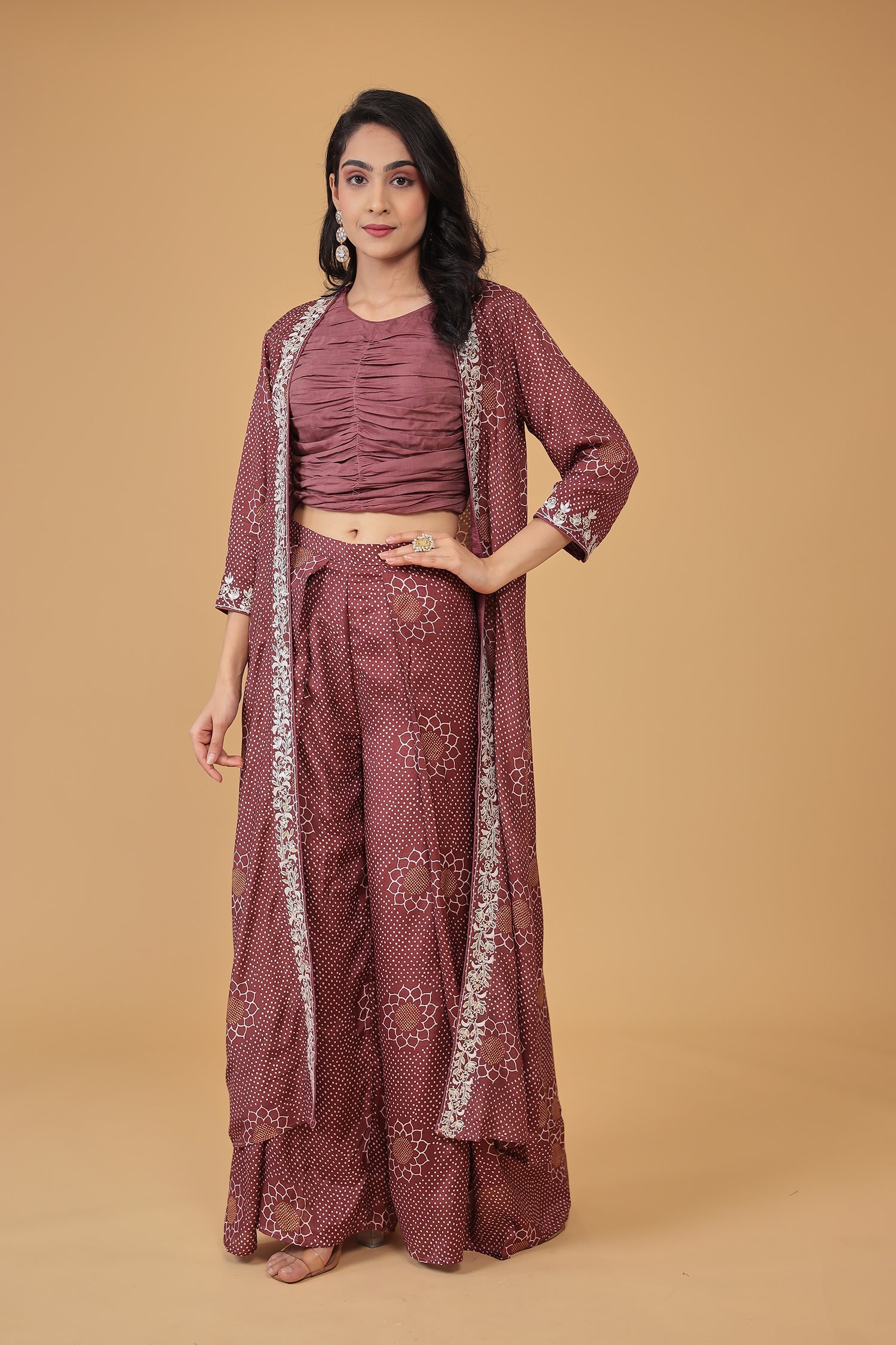 Printed Silk Blend Indowestern with Embroidered work