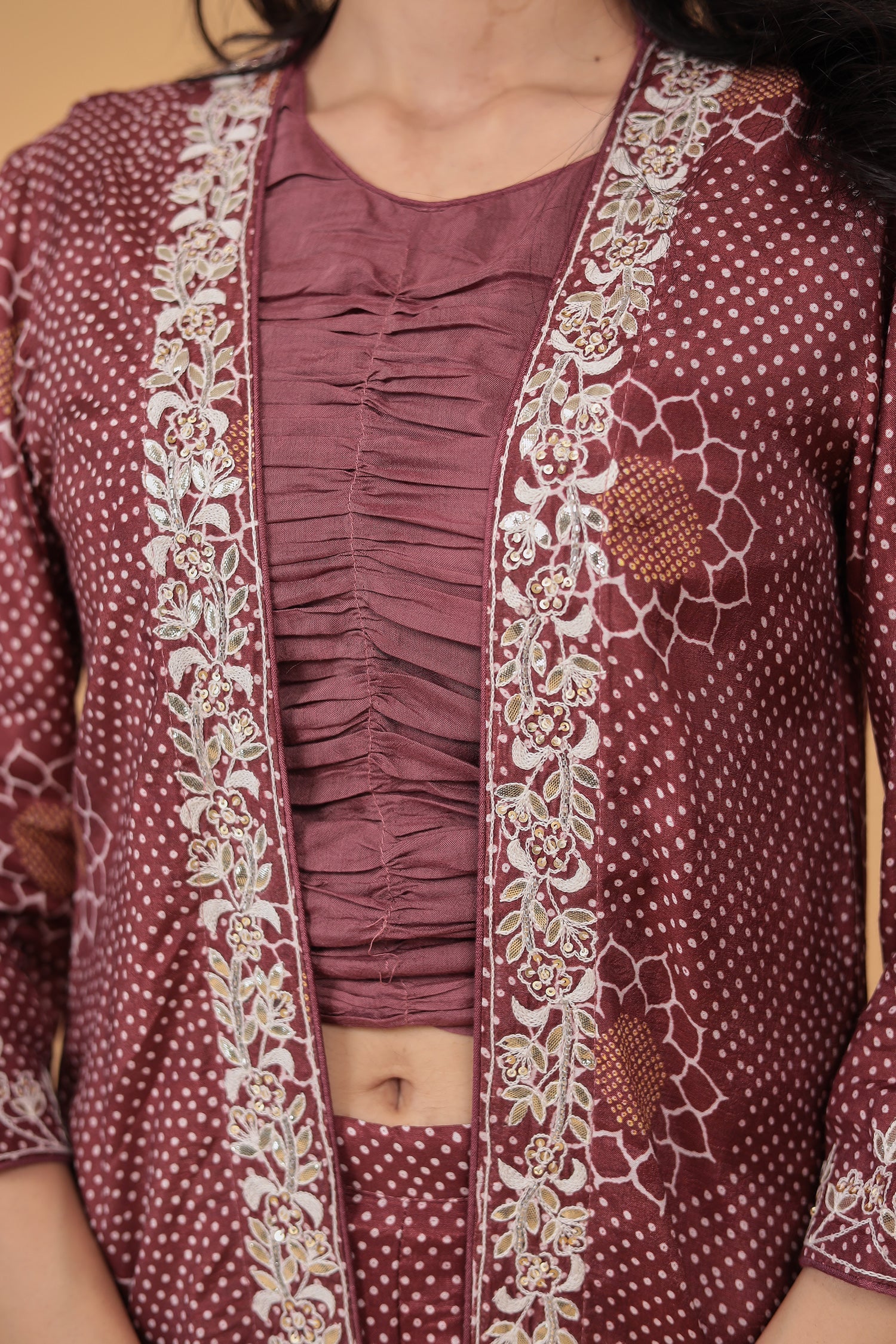 Printed Silk Blend Indowestern with Embroidered work