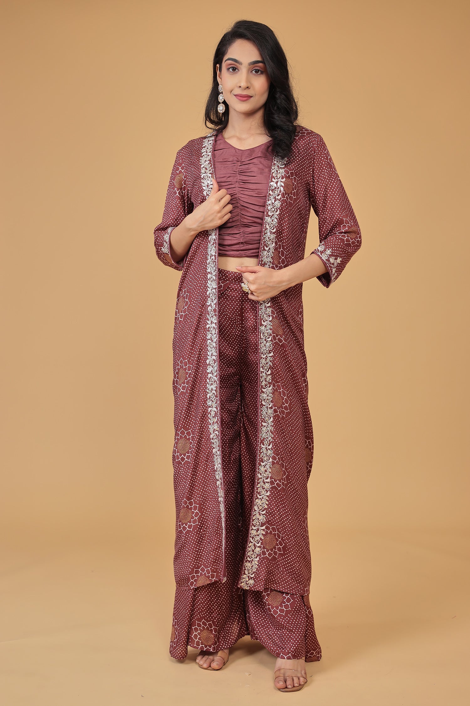 Printed Silk Blend Indowestern with Embroidered work