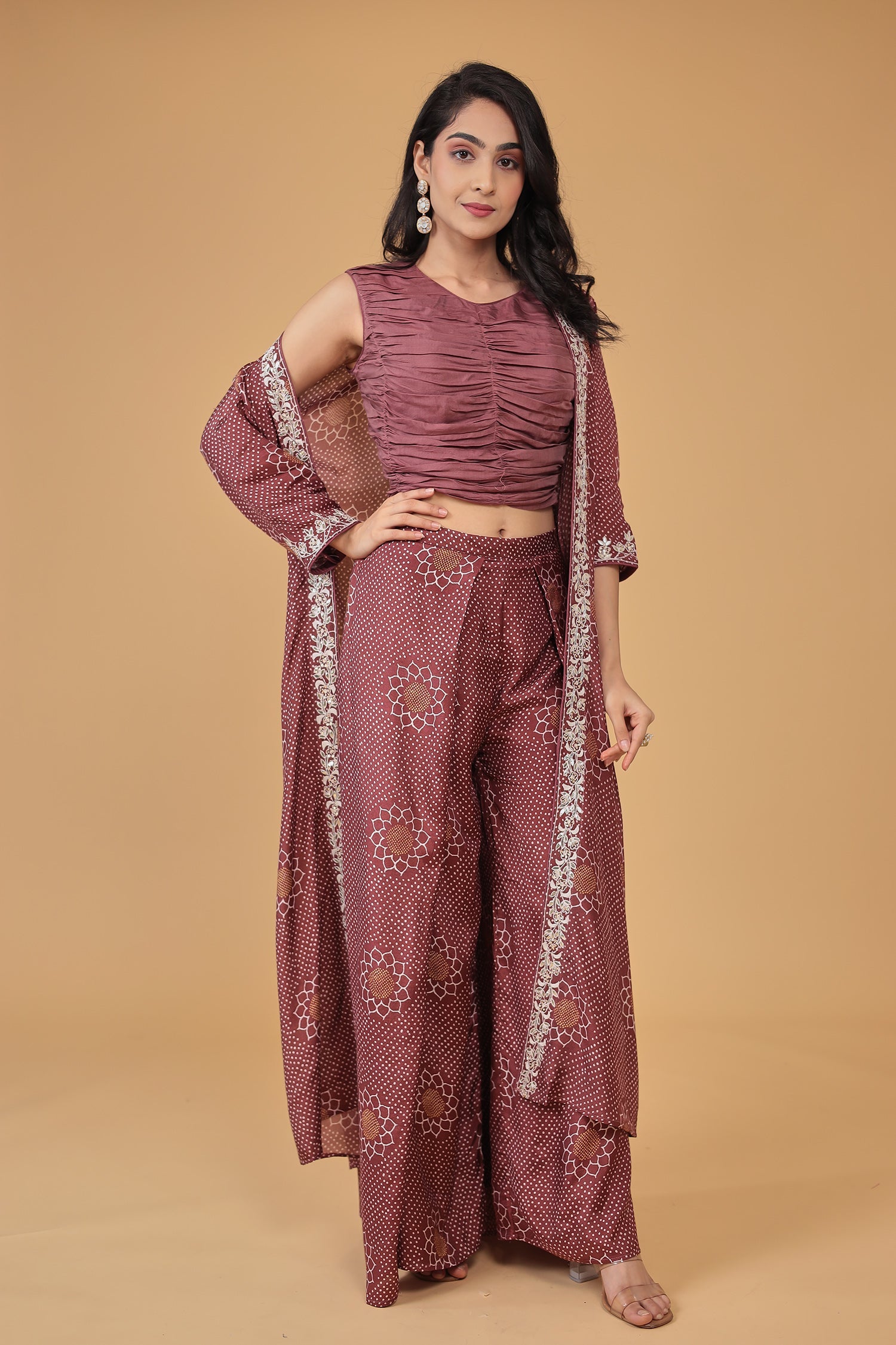Printed Silk Blend Indowestern with Embroidered work
