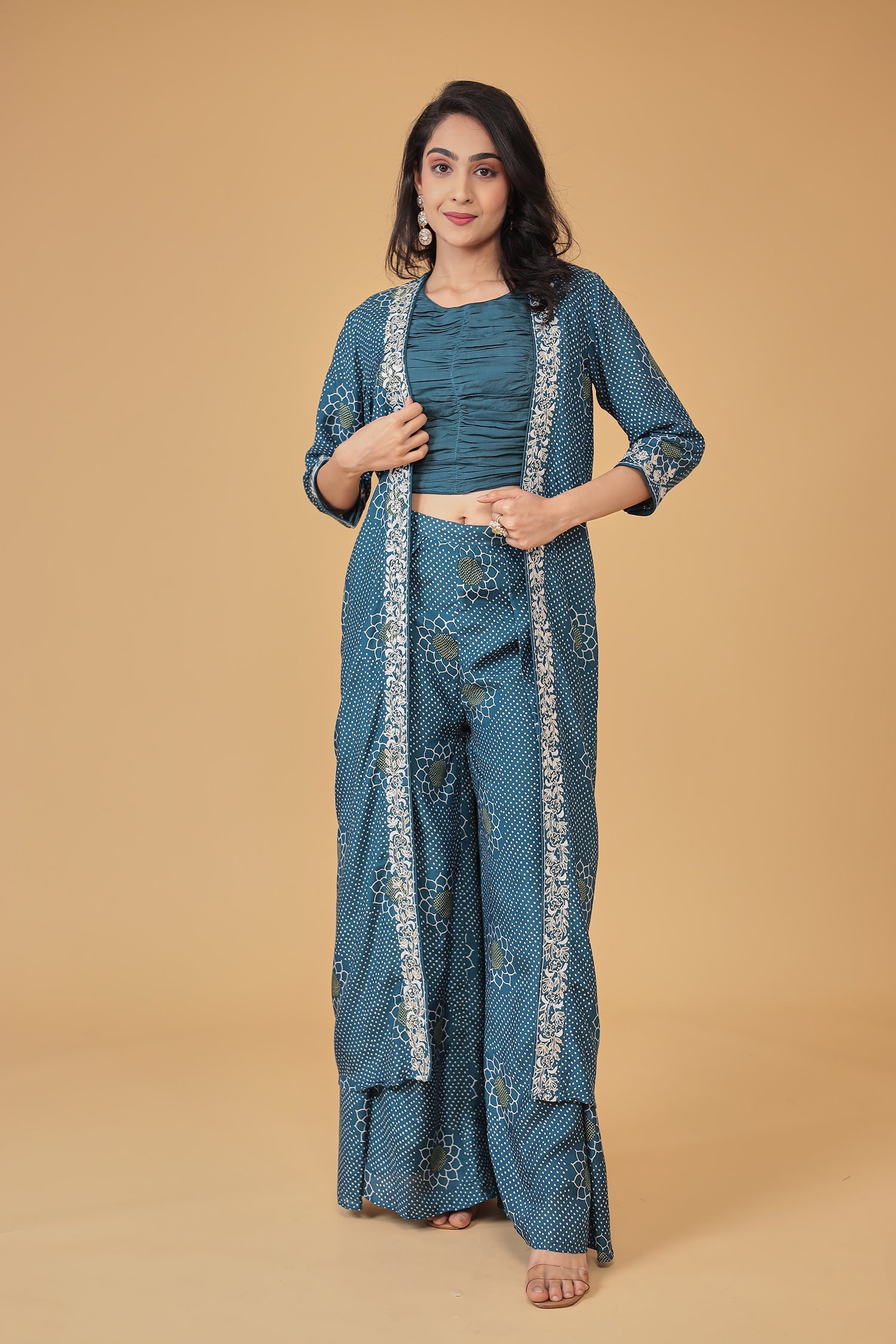 Printed Silk Blend Indowestern with Embroidered work