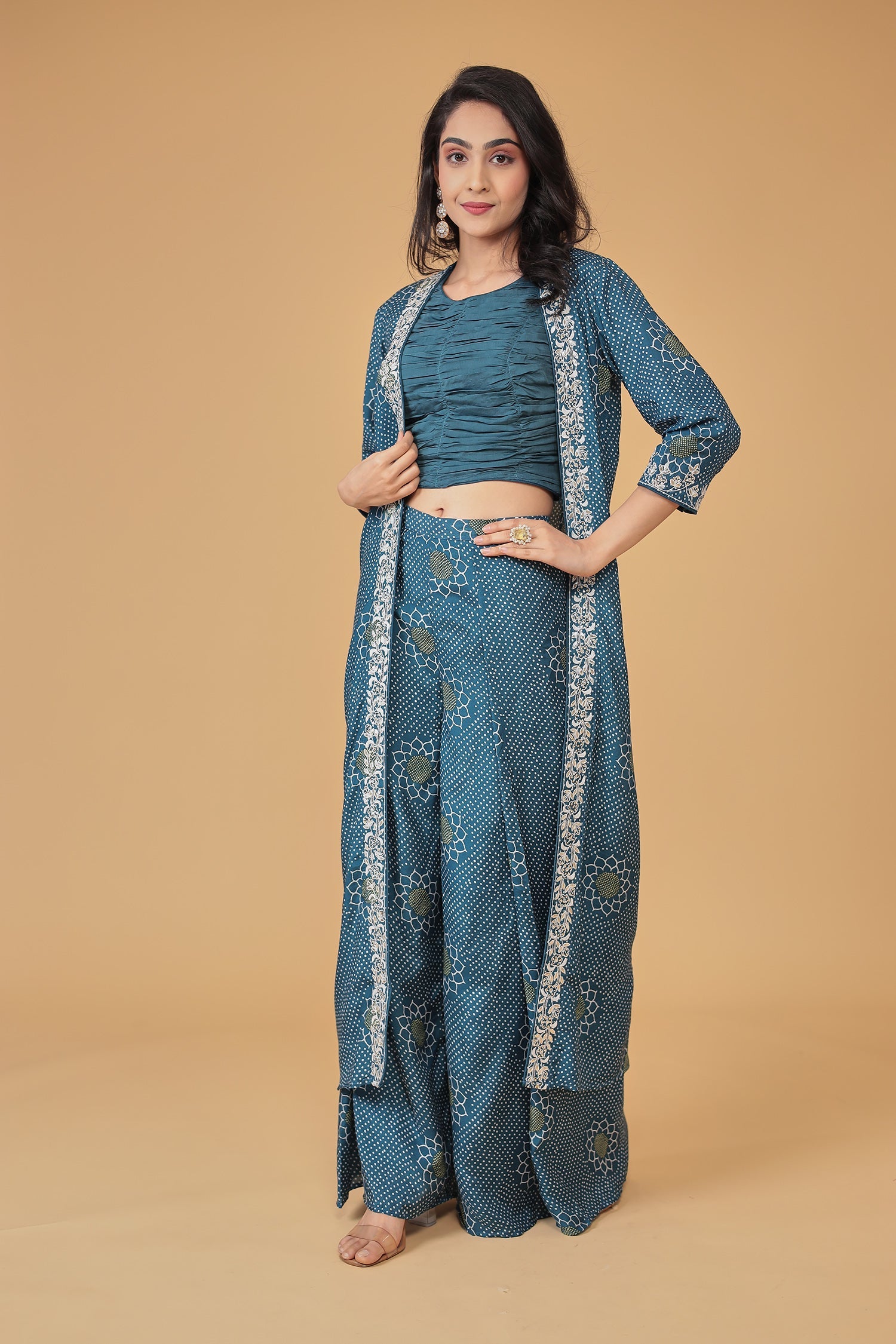 Printed Silk Blend Indowestern with Embroidered work