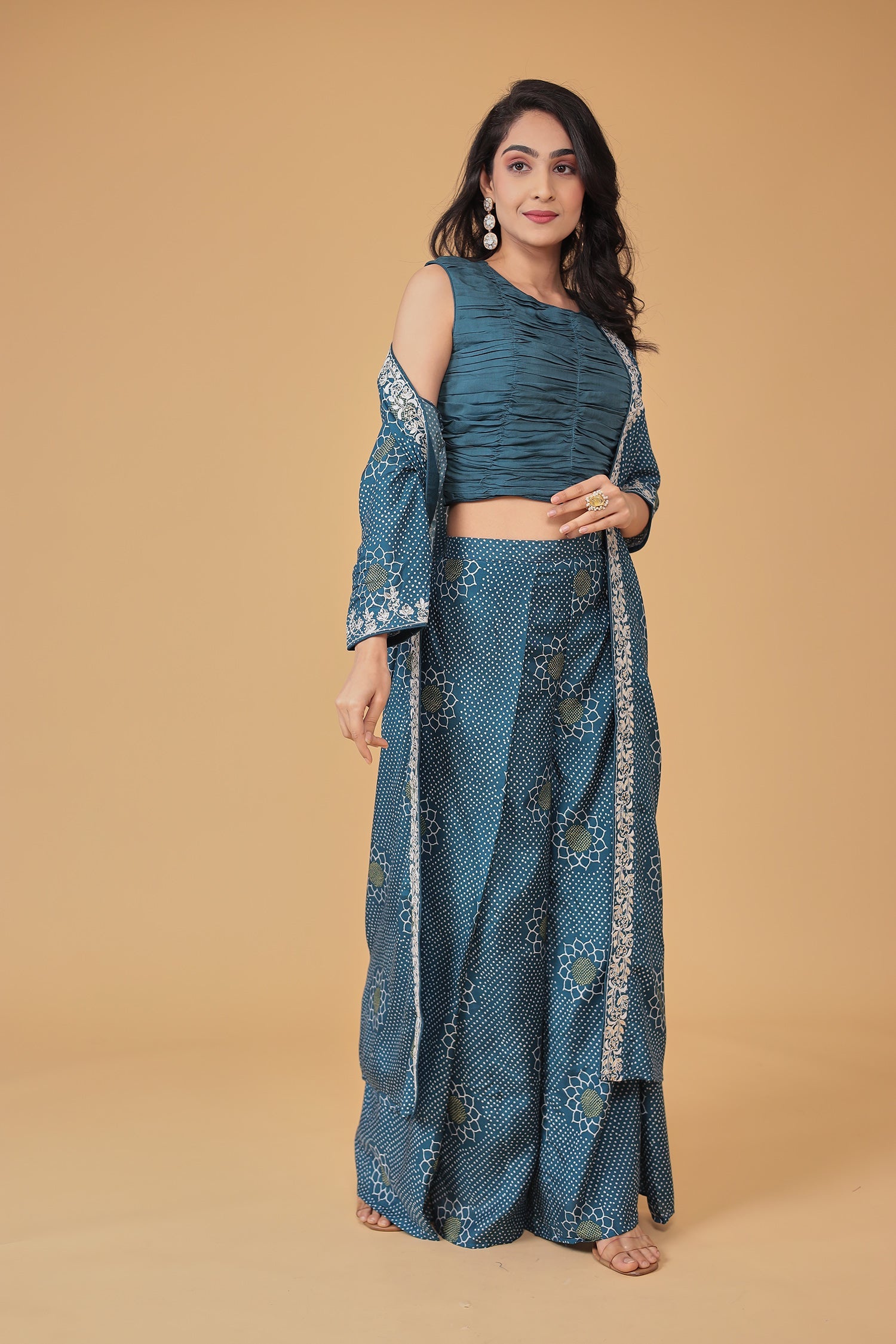 Printed Silk Blend Indowestern with Embroidered work