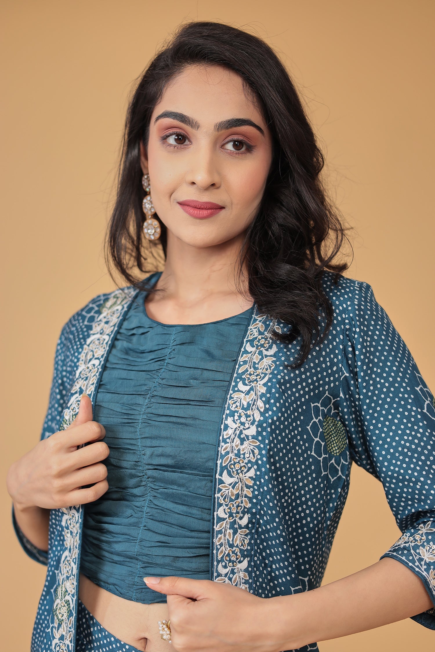 Printed Silk Blend Indowestern with Embroidered work