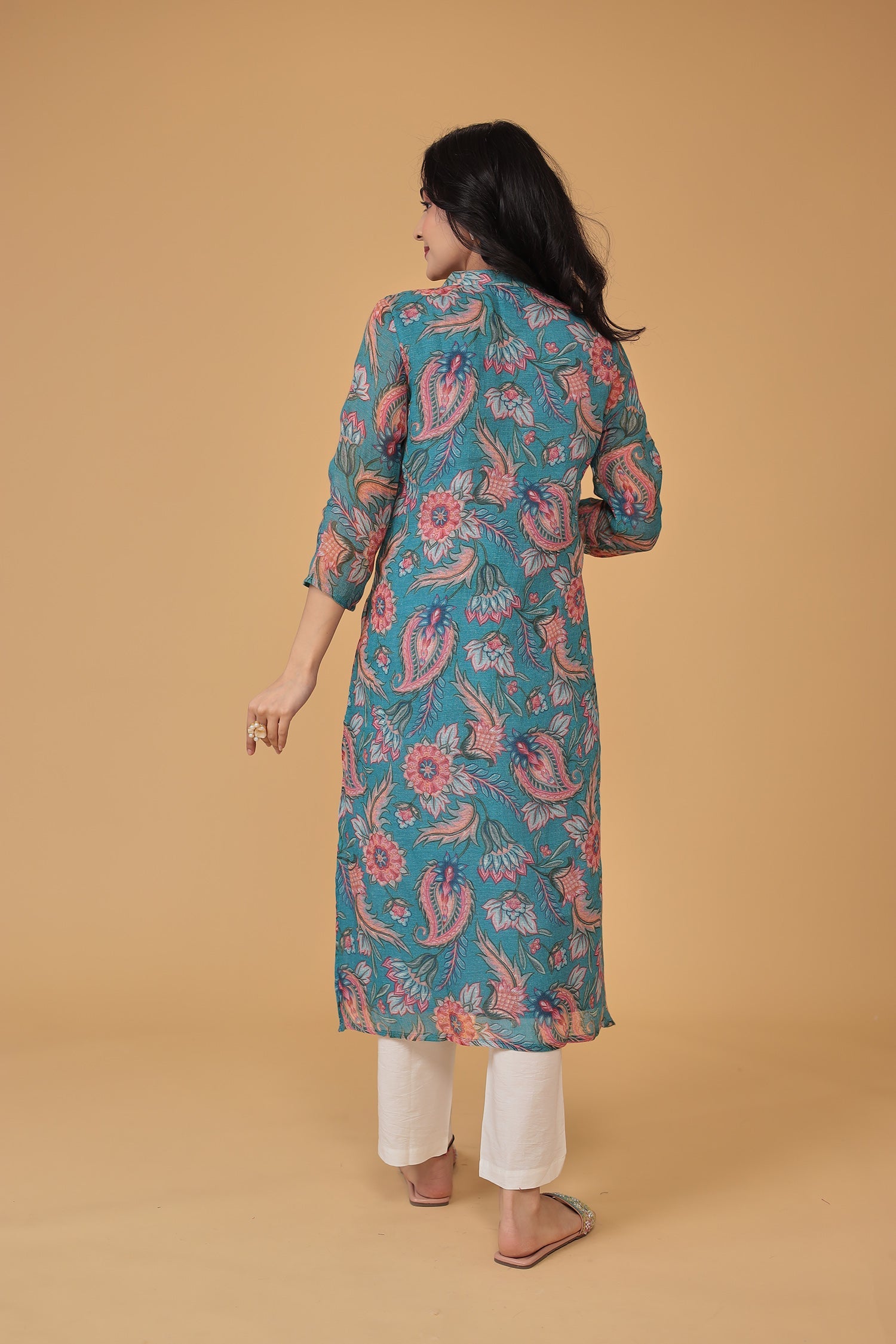 Floral Print Linen Kurta Set Stitched