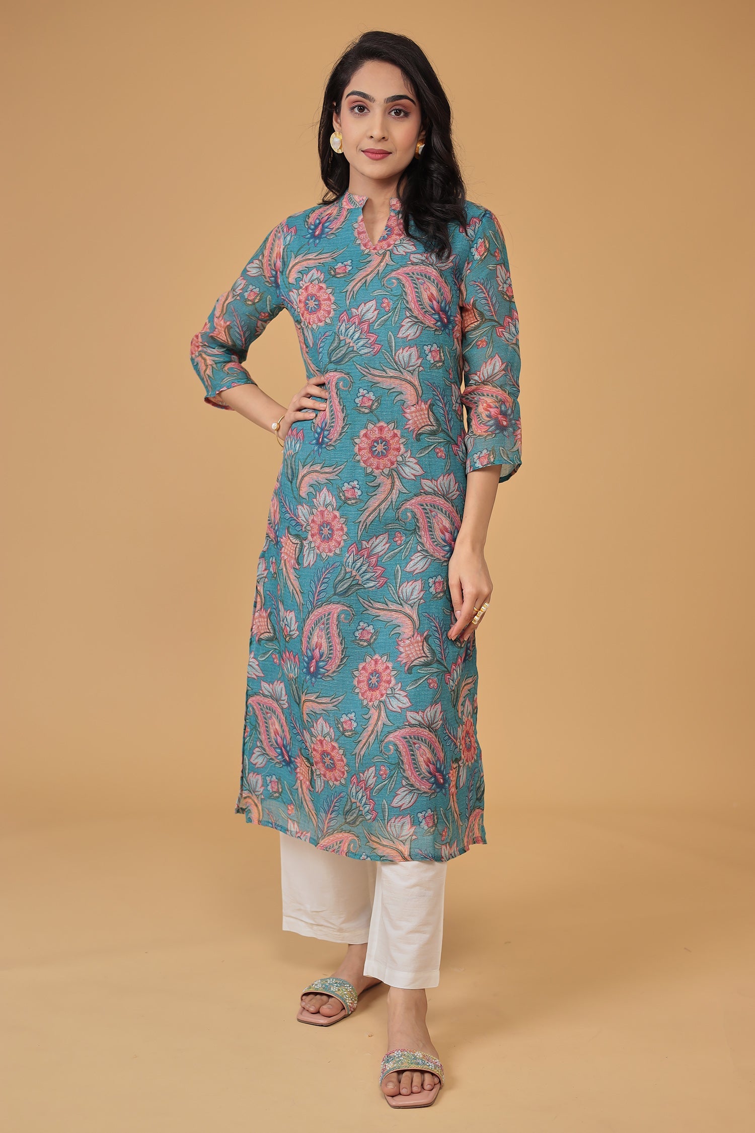 Floral Print Linen Kurta Set Stitched