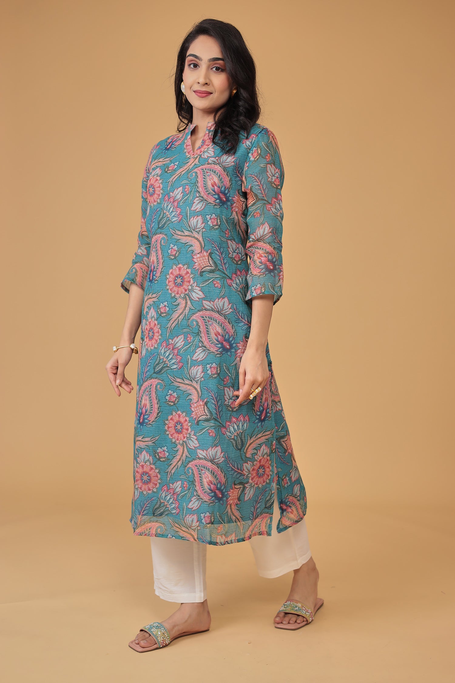 Floral Print Linen Kurta Set Stitched