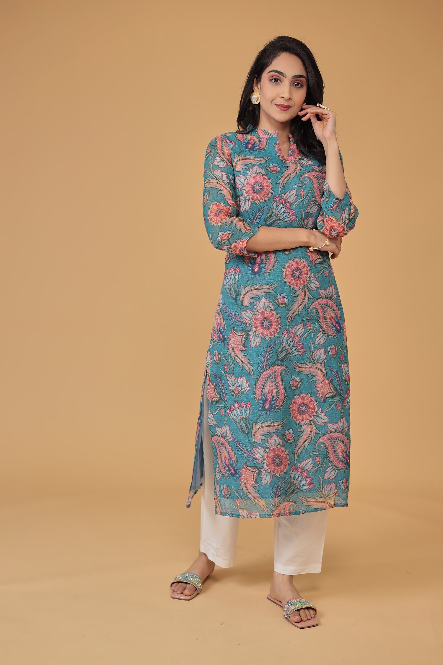 Floral Print Linen Kurta Set Stitched
