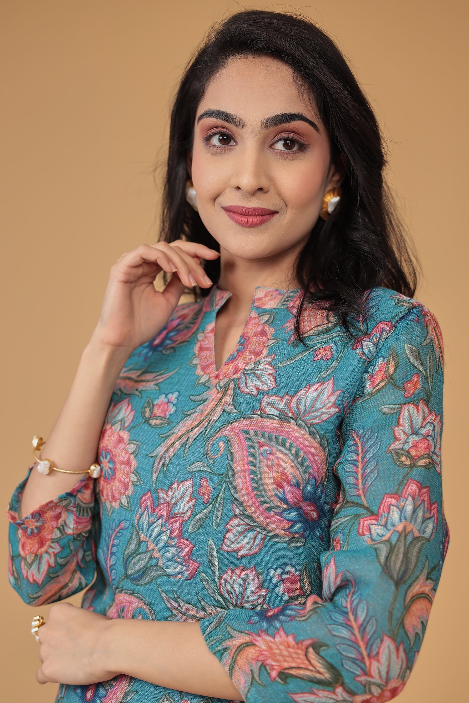 Floral Print Linen Kurta Set Stitched