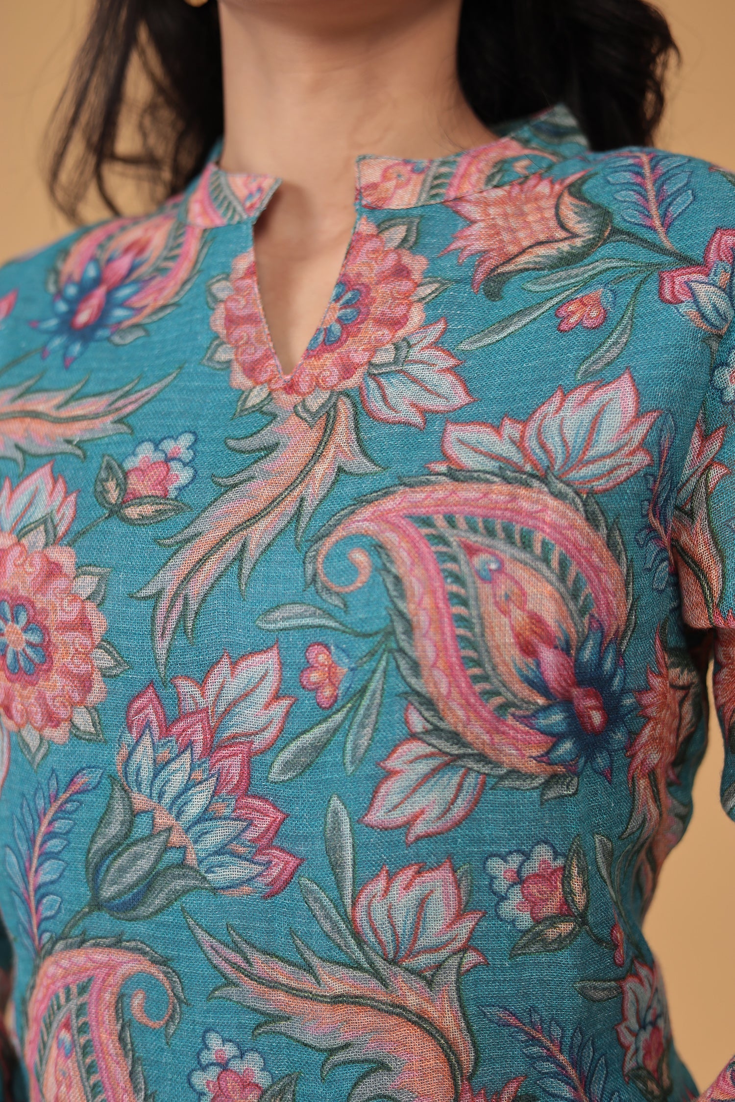 Floral Print Linen Kurta Set Stitched