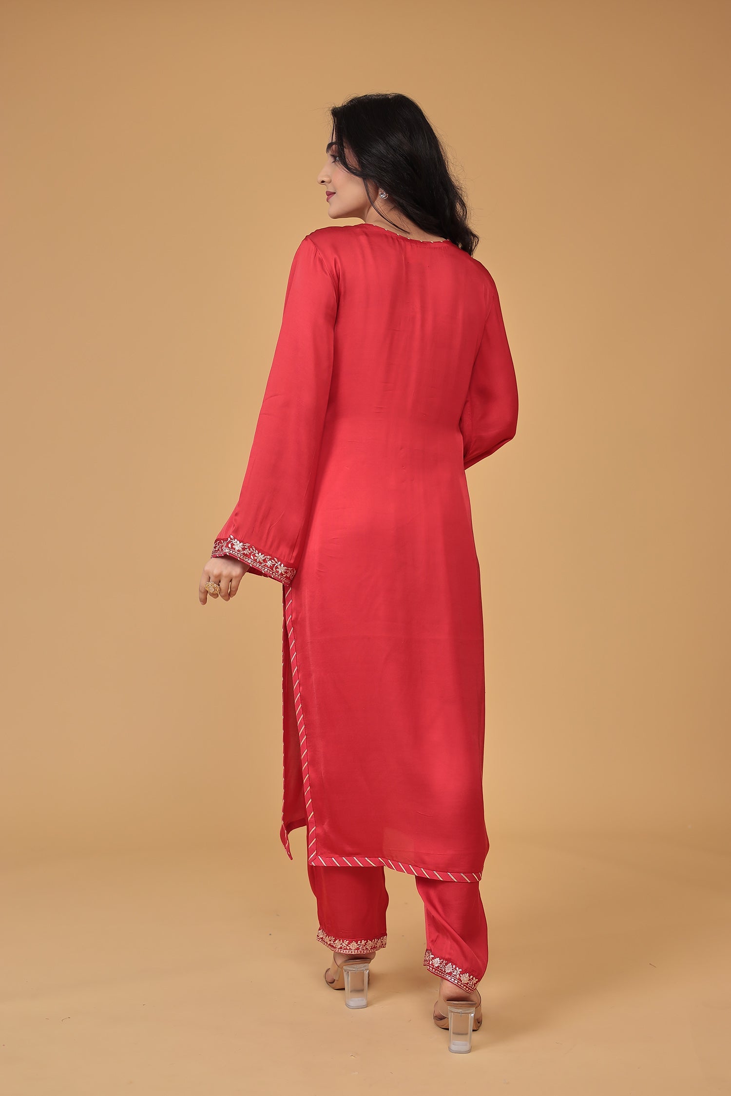 Satin Silk Suit Embroidered with Pittan work