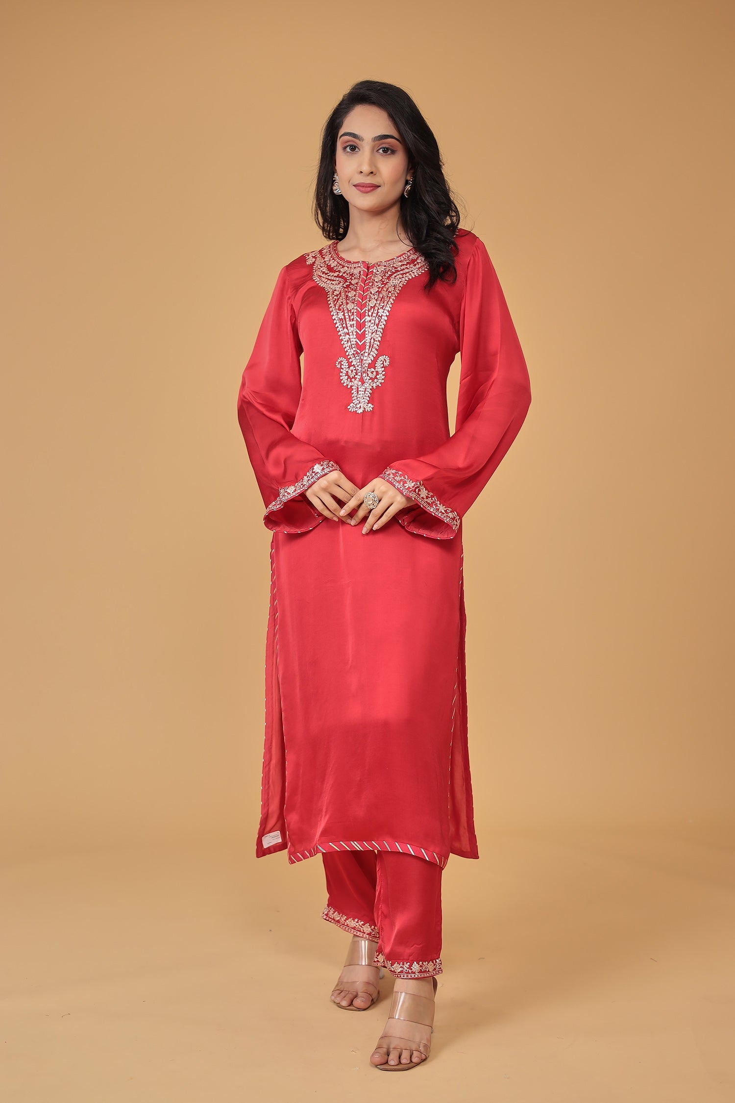 Satin Silk Suit Embroidered with Pittan work