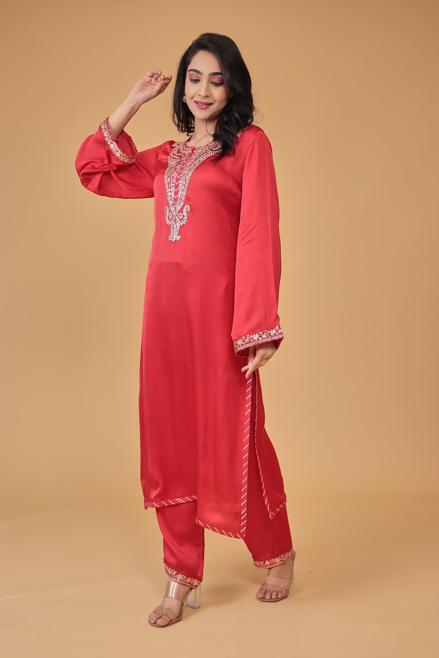 Satin Silk Suit Embroidered with Pittan work
